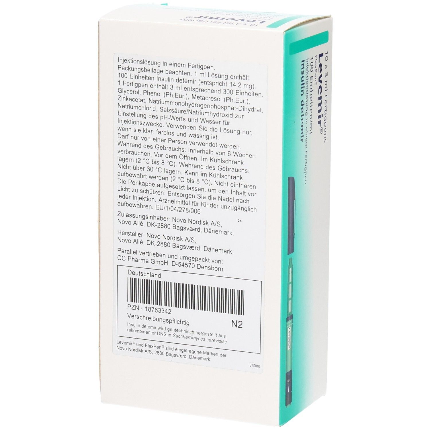 Weiße Verpackung mit grünen und blauen Akzenten. Text in deutscher Sprache. Enthält einen Fertigpen. Aufdruck: Levemir.