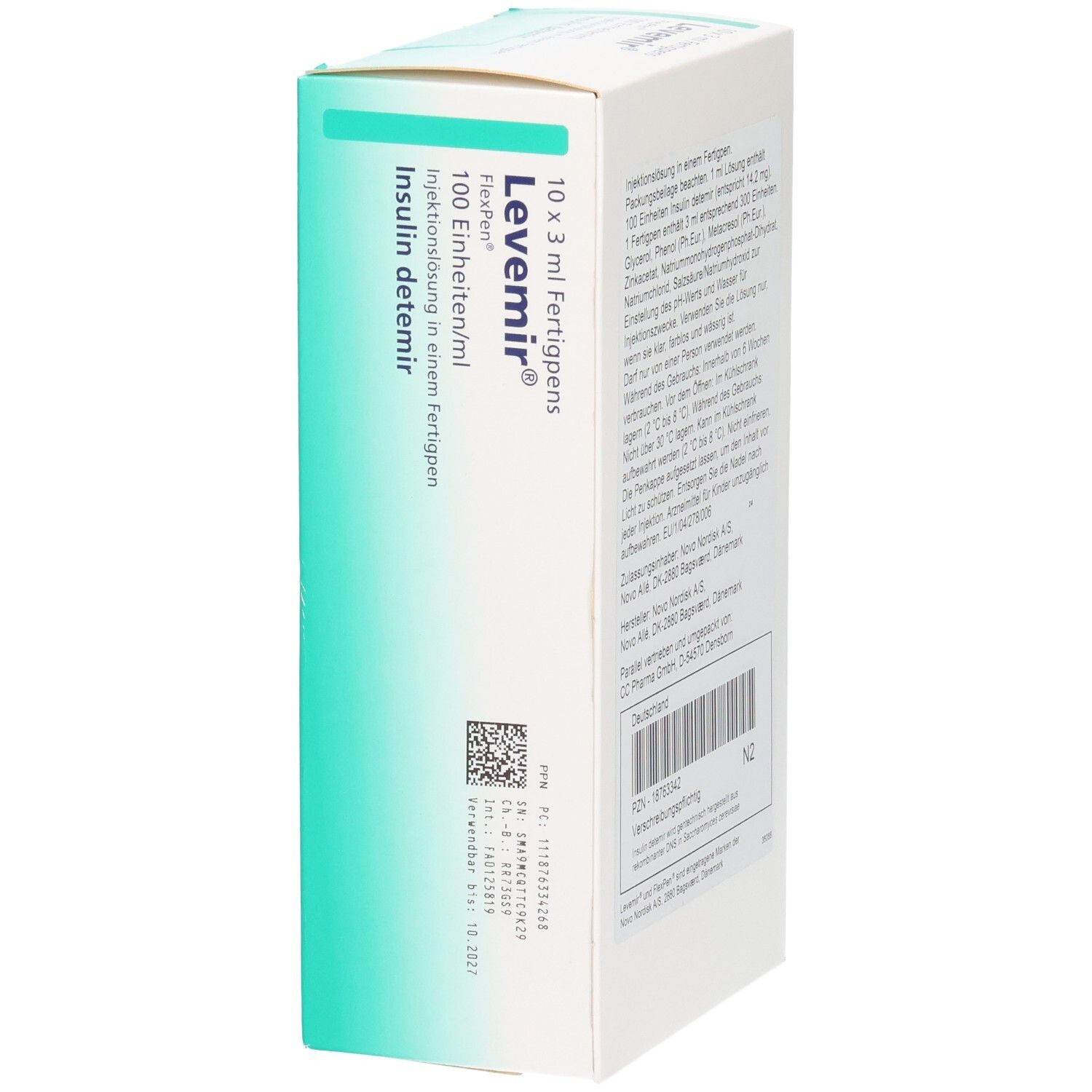 Weiße Verpackung mit grünen Akzenten. Aufdruck: Levemir FlexPen, 10 x 3 ml Fertigpens. Text in deutscher Sprache.