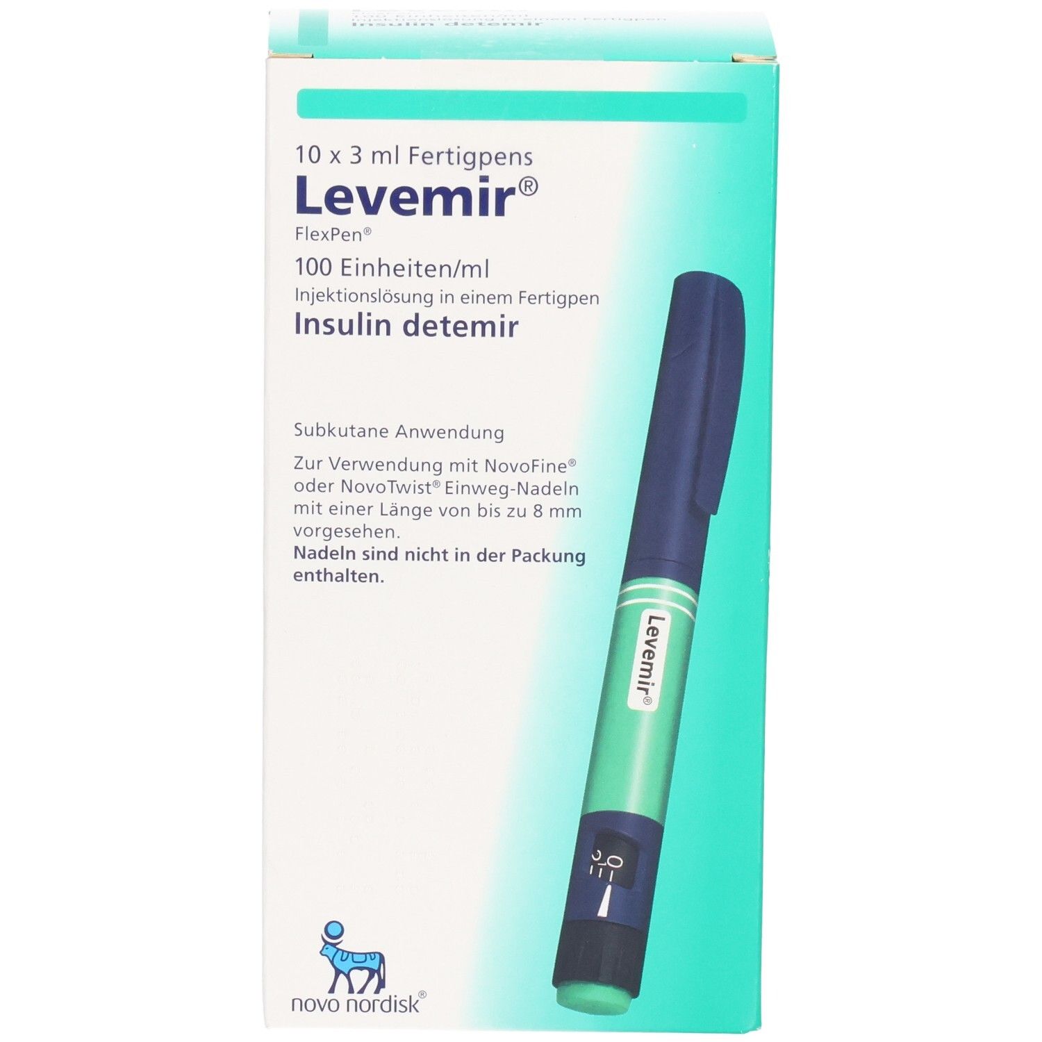 Weiße Verpackung mit grünem Akzent. Abgebildet: Fertigpen. Aufdruck: Levemir FlexPen, 100 Einheiten/ml. Text in deutscher Sprache.