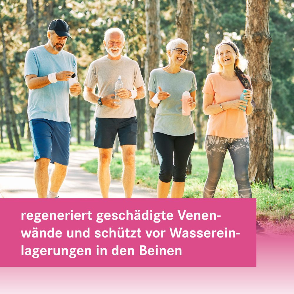 Gruppe von Menschen beim Spaziergang im Park. Rosa Banner: regeneriert geschädigte Venenwände und schützt vor Wassereinlagerungen.