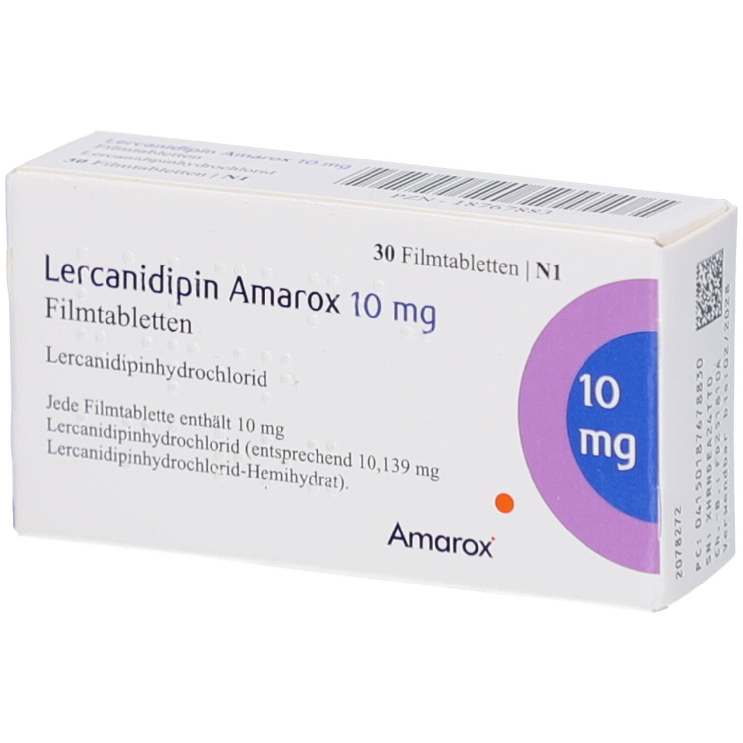 Weiße Arzneimittelverpackung mit Text: Lercanidipin Amarox 10 mg Filmtabletten. Aufdruck: 10 mg, Amarox. 30 Filmtabletten.