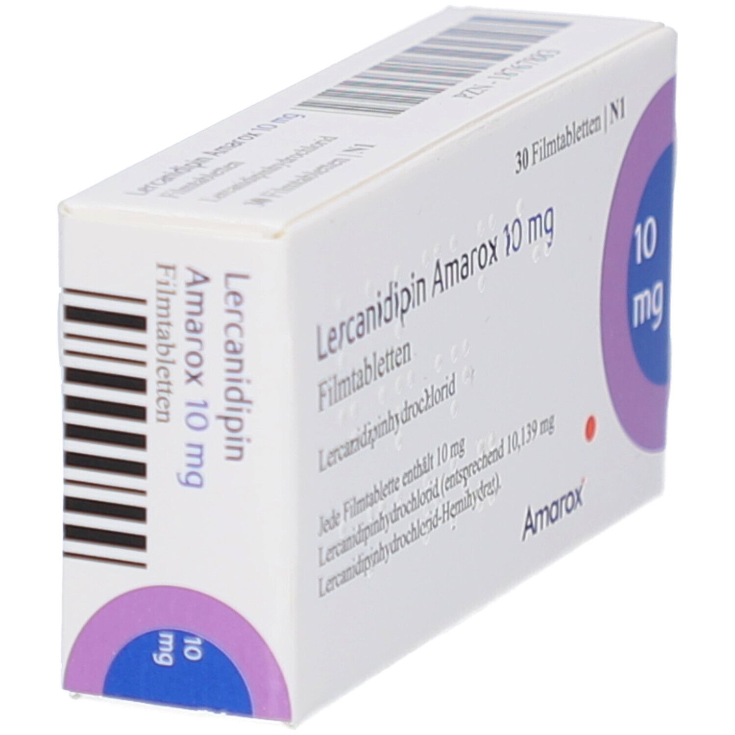 Schräg gestellte weiße Arzneimittelverpackung. Text: Lercanidipin Amarox 10 mg Filmtabletten. Aufdruck: 10 mg. Amarox.