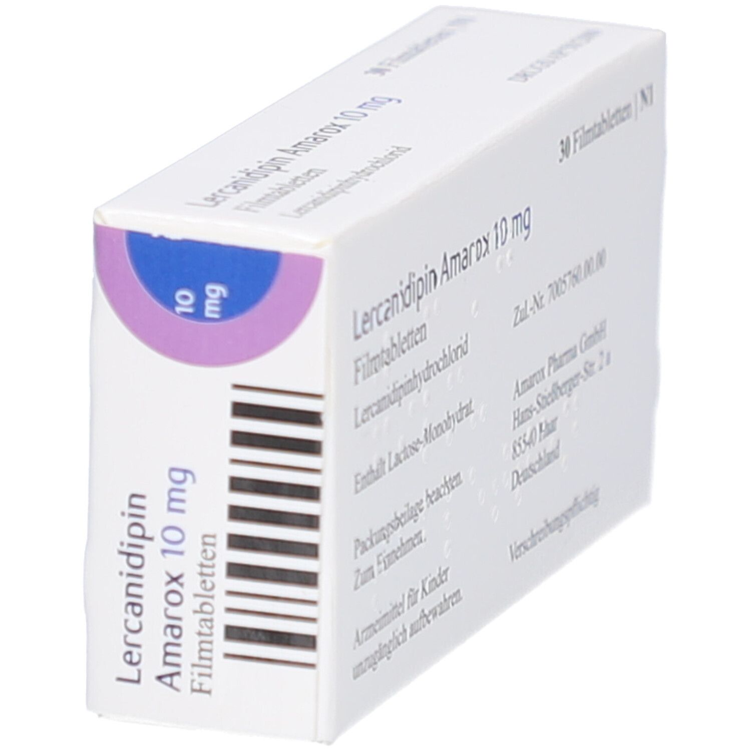 Schräg gestellte weiße Arzneimittelverpackung. Text: Lercanidipin Amarox 10 mg Filmtabletten. Aufdruck: 10 mg.