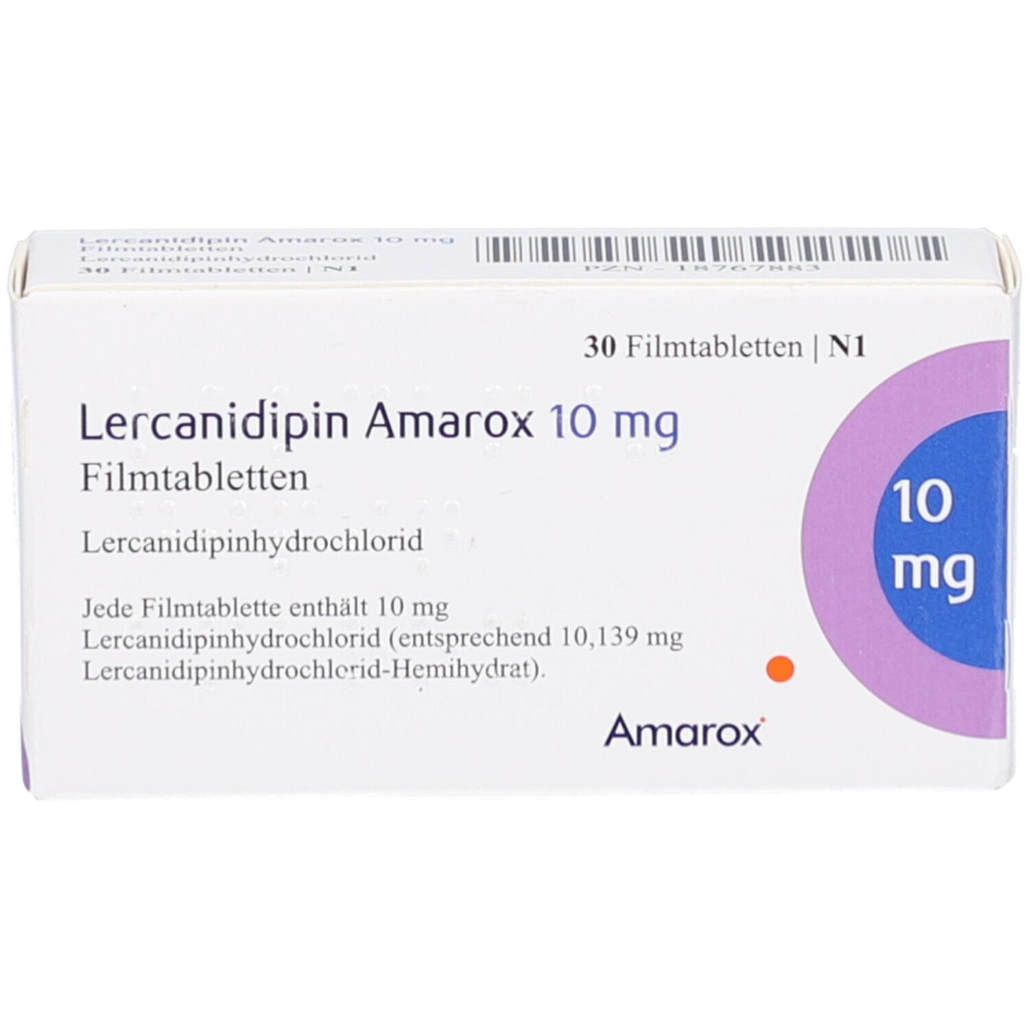 Weiße Arzneimittelverpackung mit Text: Lercanidipin Amarox 10 mg Filmtabletten. Aufdruck: 10 mg, Amarox. 30 Filmtabletten.