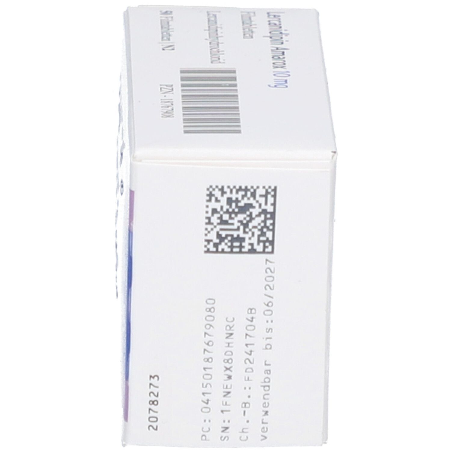 Schachtel mit Lercanidipin Amarox 10 mg Filmtabletten. Aufdrucke: Chargennummer, Verfallsdatum, Barcode.