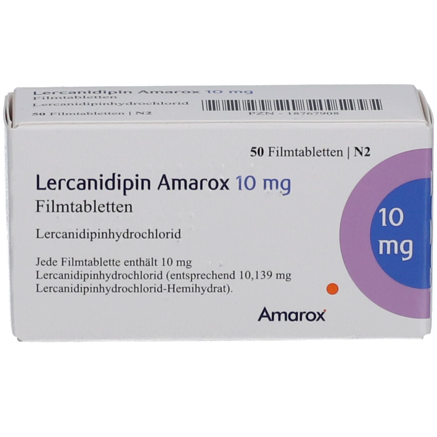 Schachtel mit Lercanidipin Amarox 10 mg Filmtabletten. Aufdrucke: 50 Filmtabletten, 10 mg, Amarox.