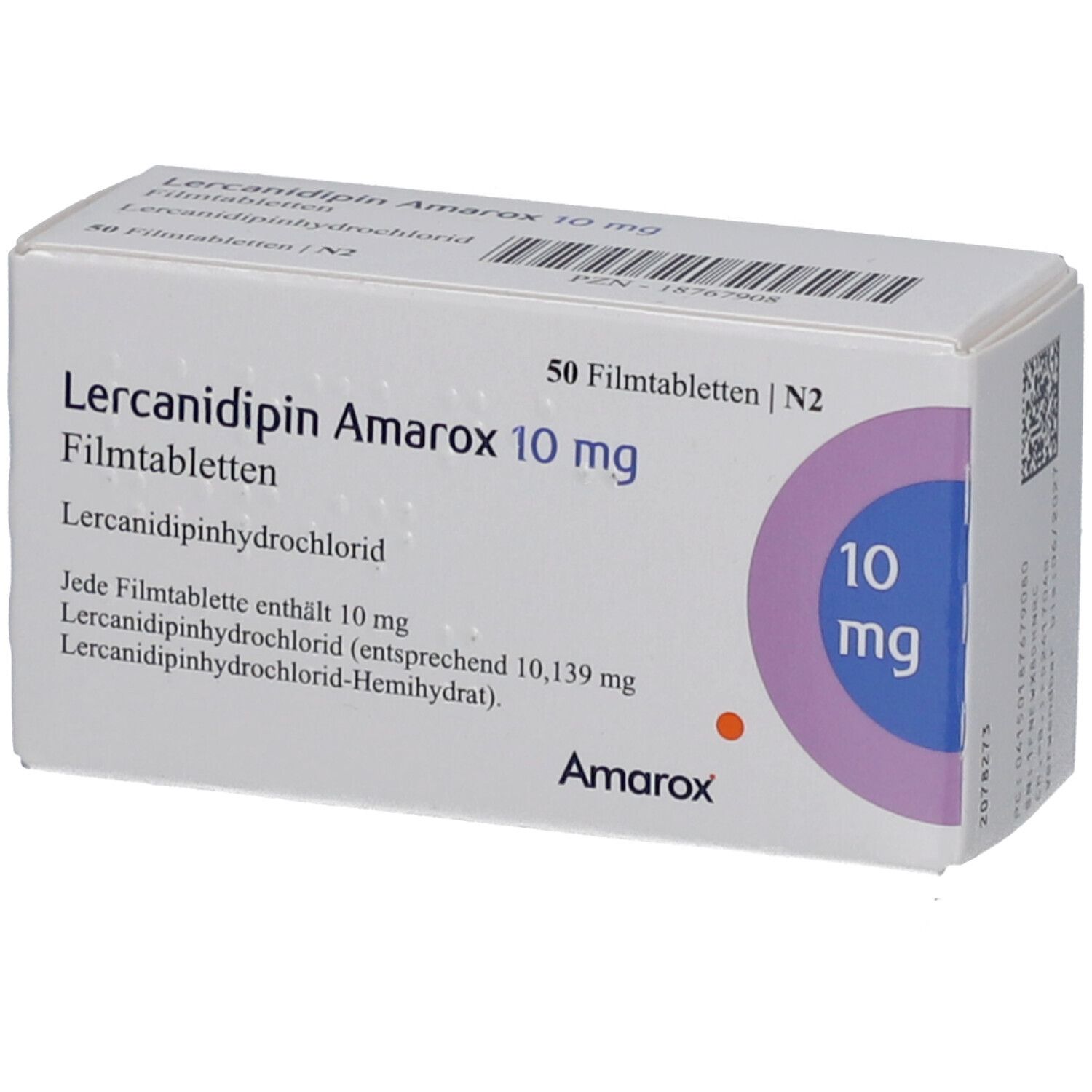 Schachtel mit Lercanidipin Amarox 10 mg Filmtabletten. Aufdrucke: 50 Filmtabletten, 10 mg, Amarox.