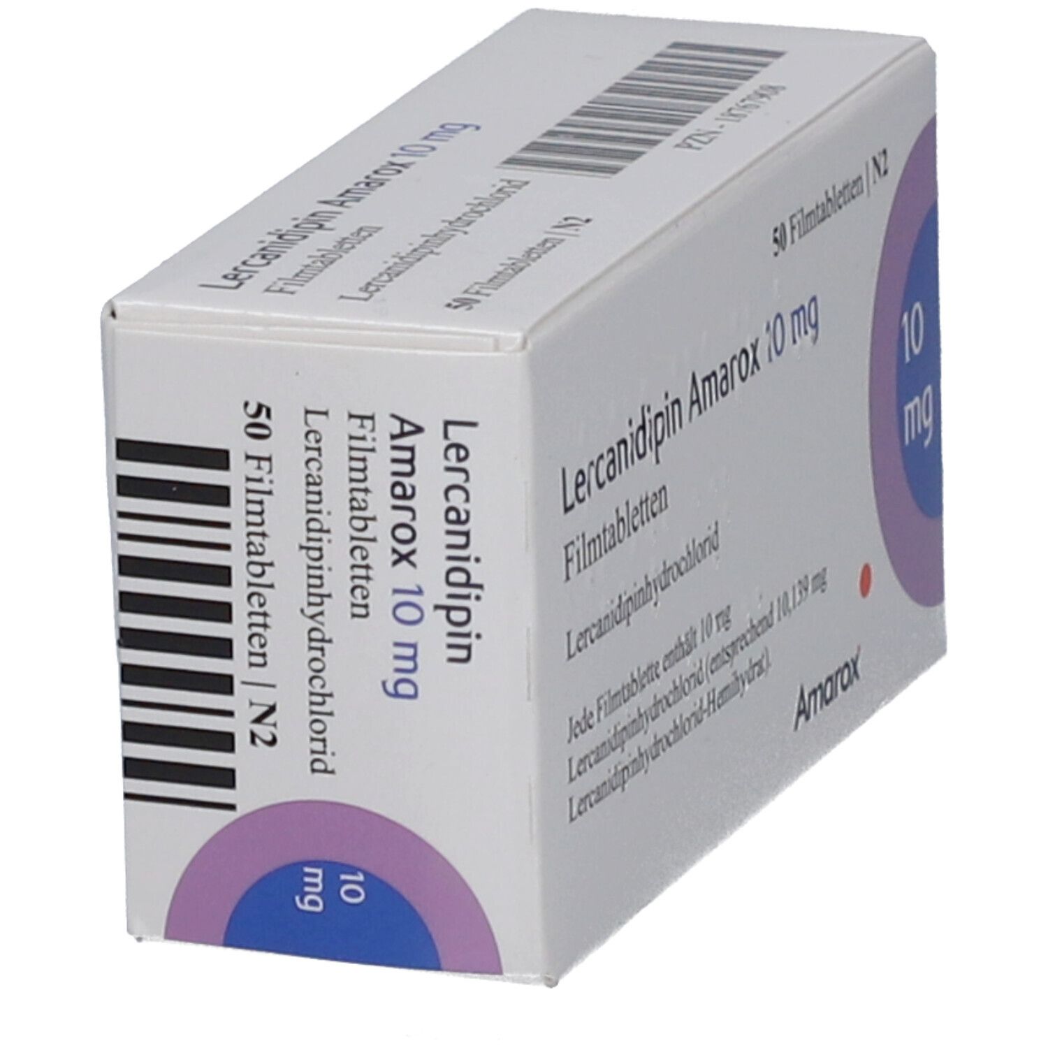 Schachtel mit Lercanidipin Amarox 10 mg Filmtabletten. Aufdrucke: 50 Filmtabletten, 10 mg, Amarox.