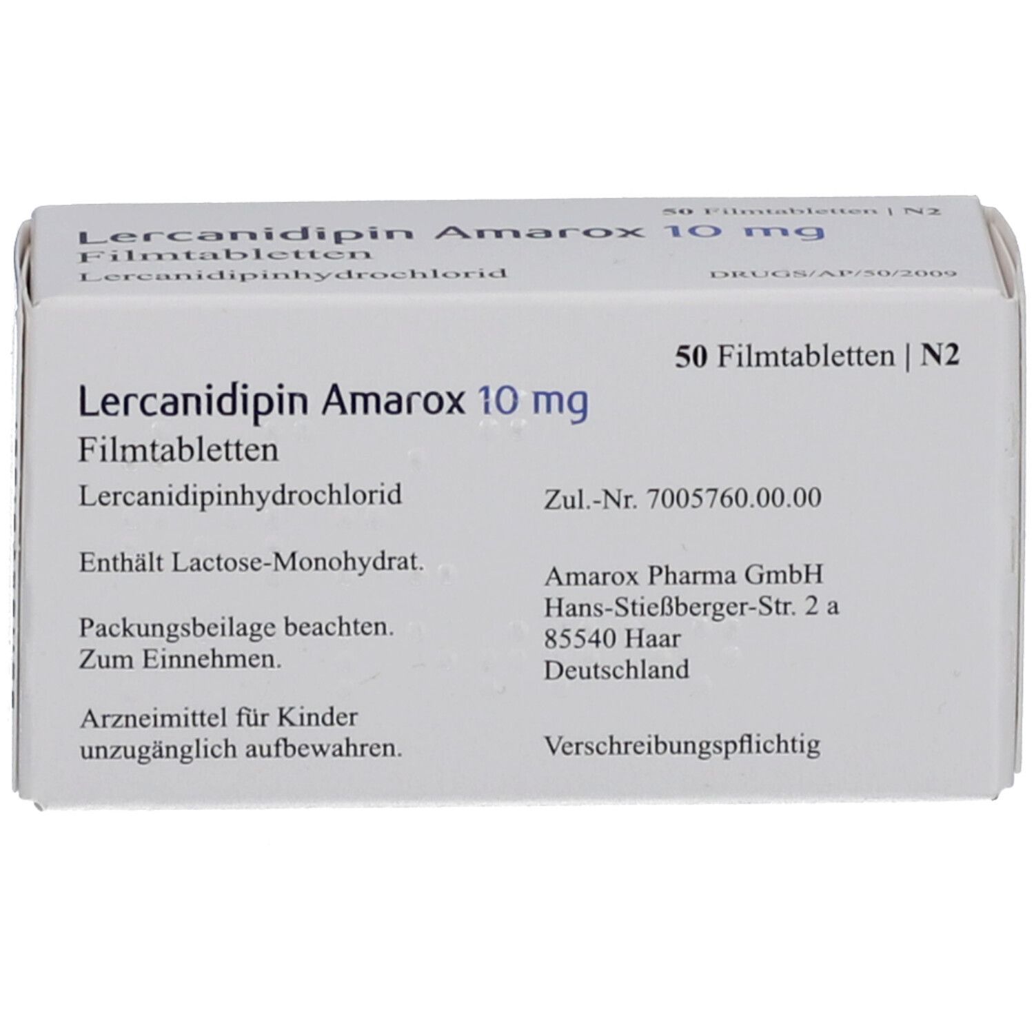 Schachtel mit Lercanidipin Amarox 10 mg Filmtabletten. Aufdrucke: 50 Filmtabletten, Zul.-Nr., Herstelleradresse.