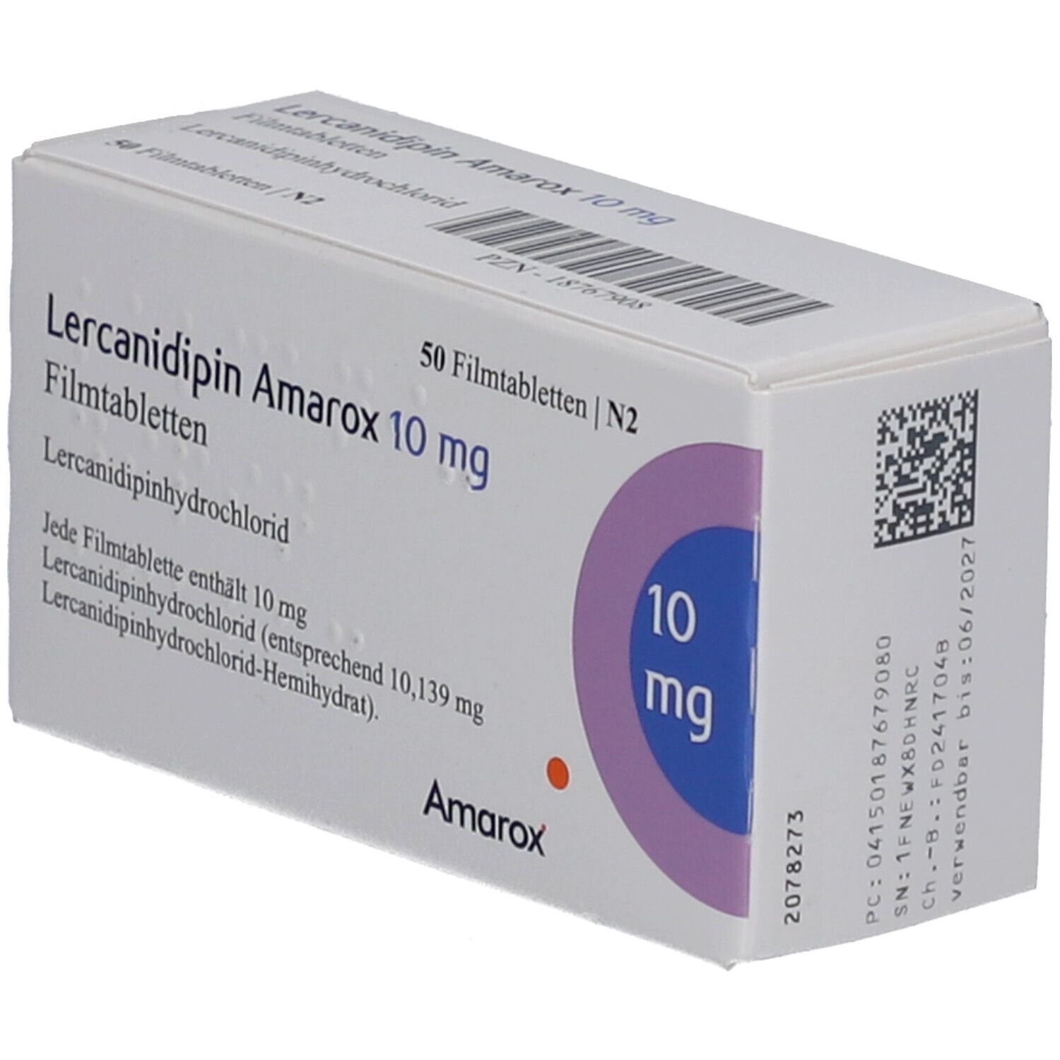 Schachtel mit Lercanidipin Amarox 10 mg Filmtabletten. Aufdrucke: 50 Filmtabletten, 10 mg, Verfallsdatum, Barcode.