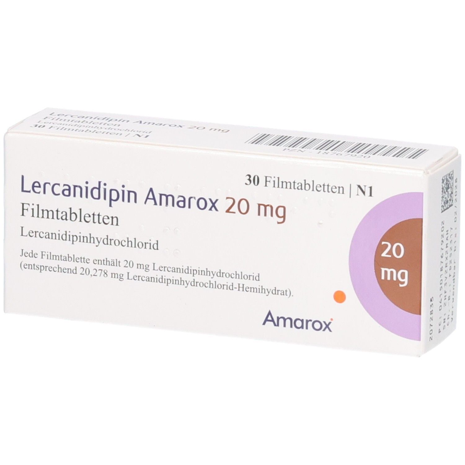 Lercanidipin Amarox 20 mg Filmtabletten Schachtel, 30 Stück.