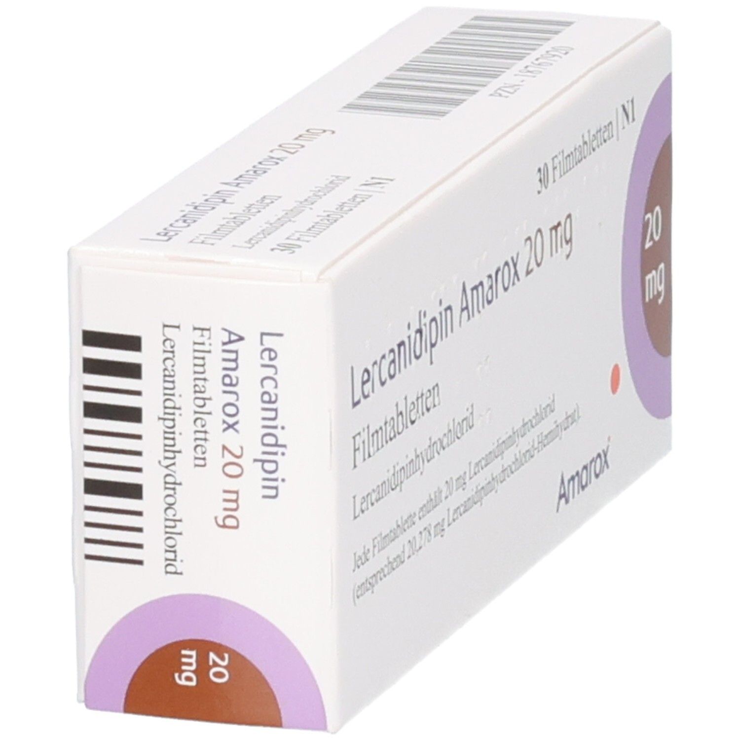 Lercanidipin Amarox 20 mg Filmtabletten Schachtel, schräg von vorne.