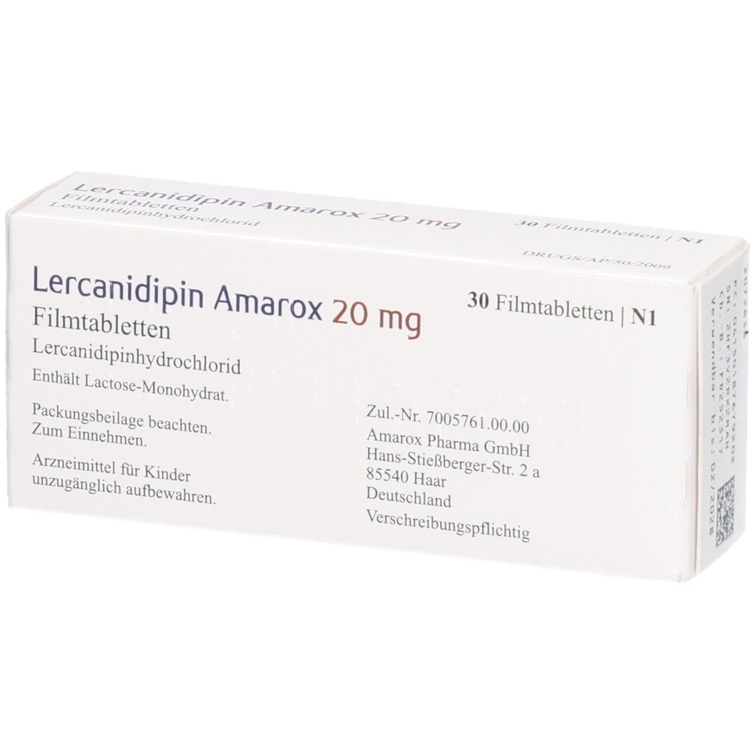Lercanidipin Amarox 20 mg Filmtabletten Schachtel, Rückseite mit Details.