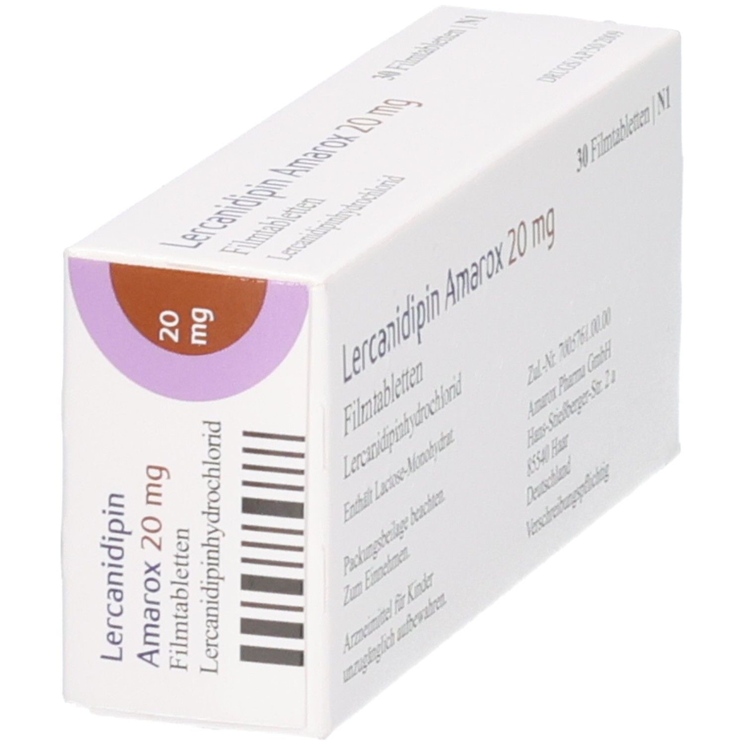Lercanidipin Amarox 20 mg Filmtabletten Schachtel, schräg von vorne.