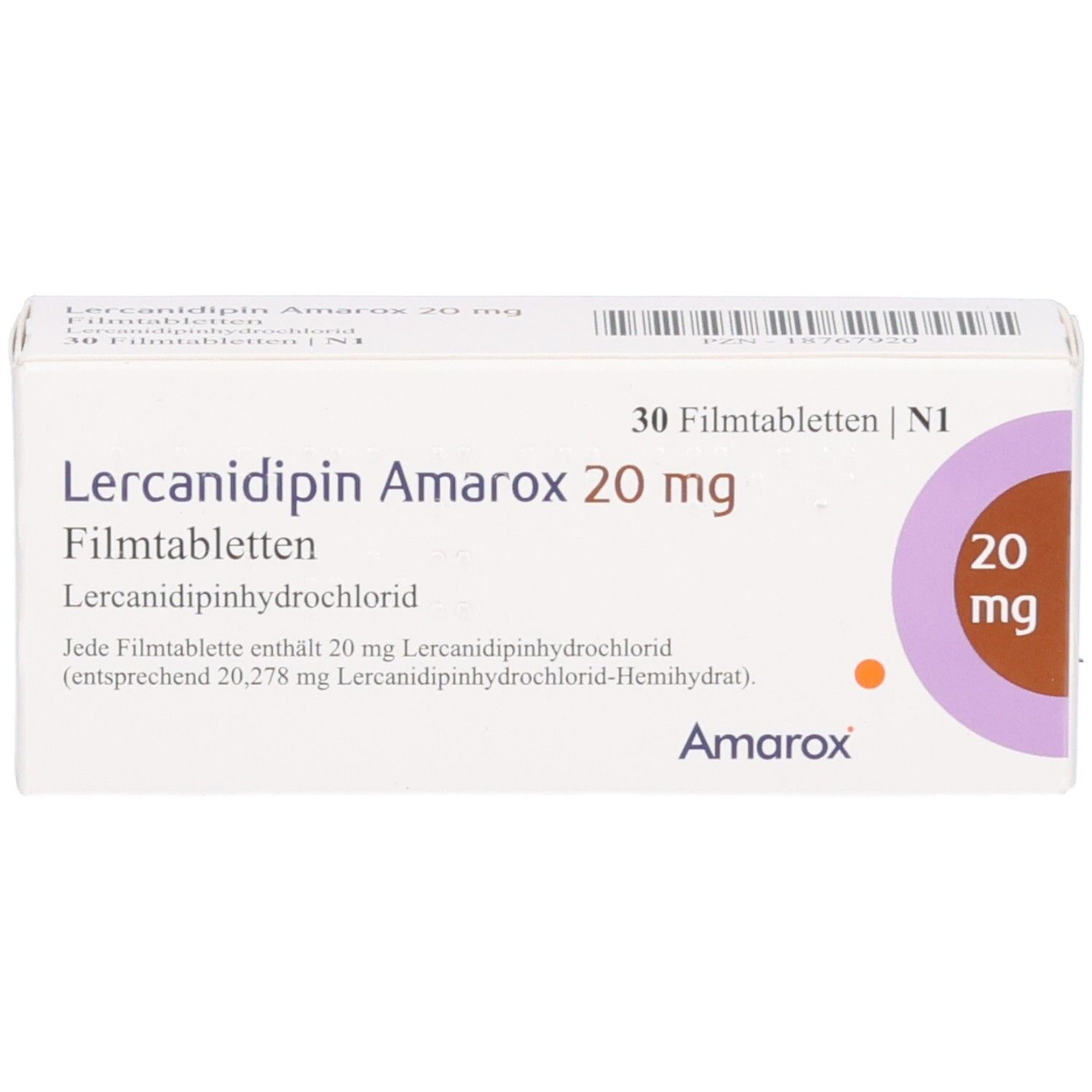 Lercanidipin Amarox 20 mg Filmtabletten Schachtel, Vorderseite.