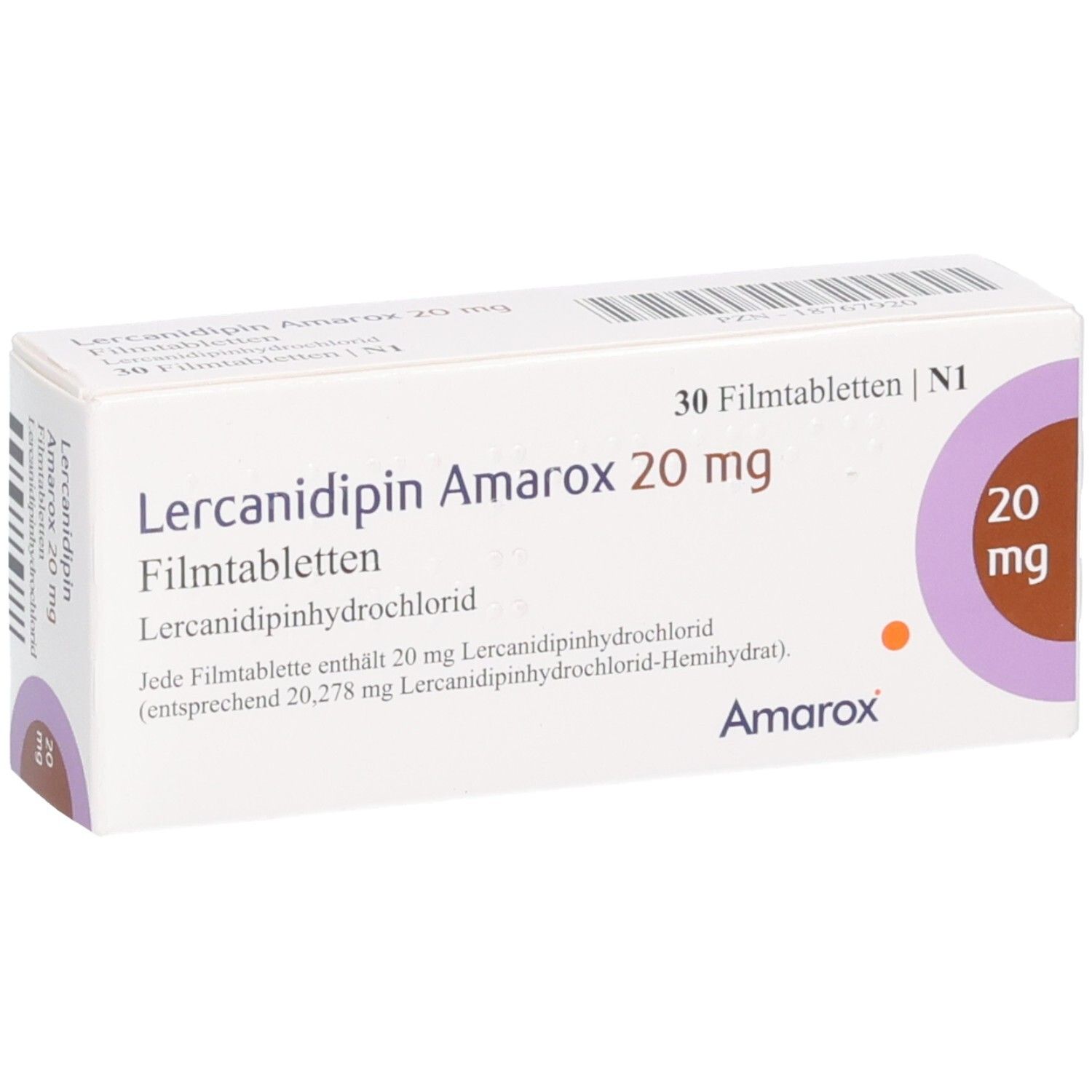 Lercanidipin Amarox 20 mg Filmtabletten Schachtel, schräg von vorne.