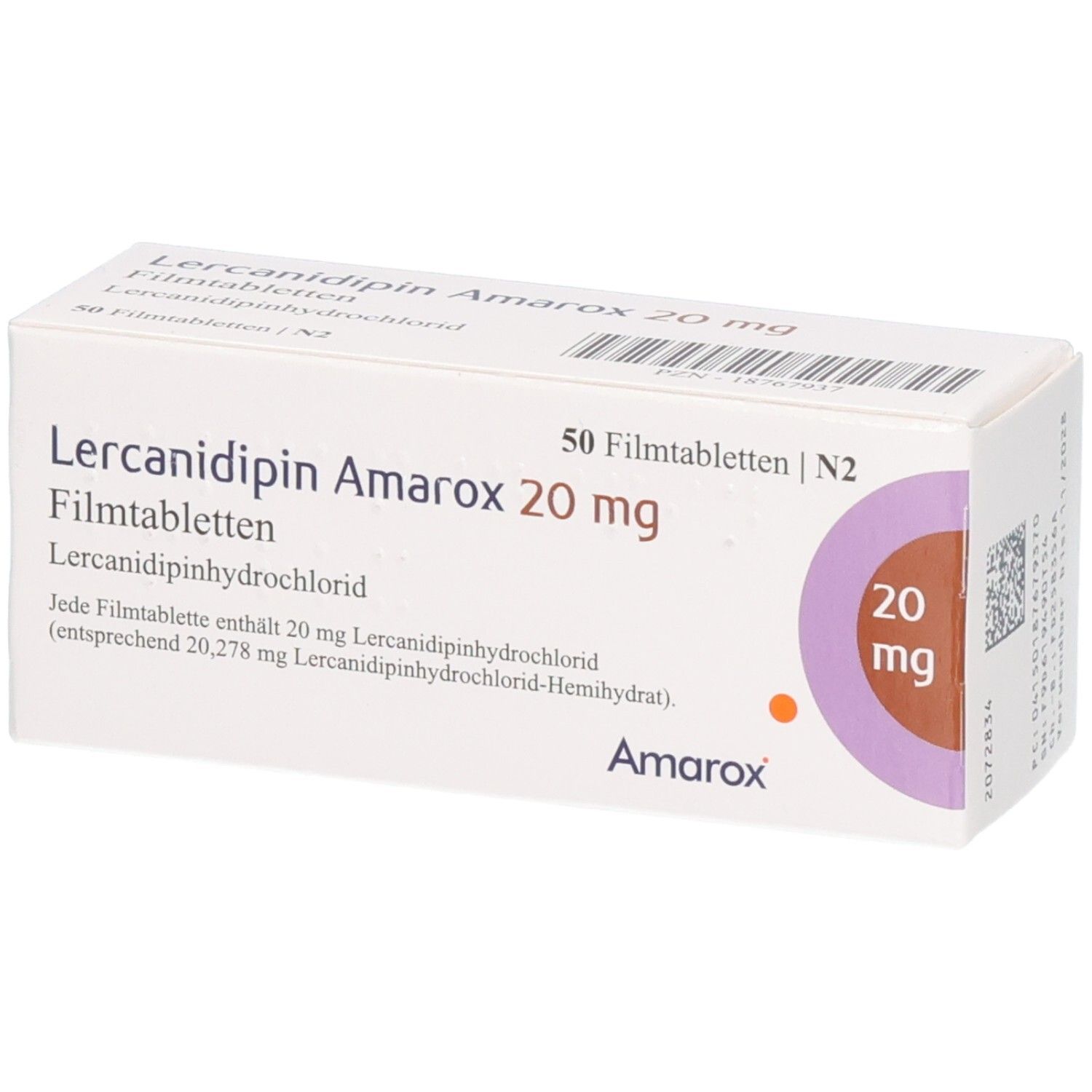 Lercanidipin Amarox 20 mg Filmtabletten Schachtel, 50 Stück.