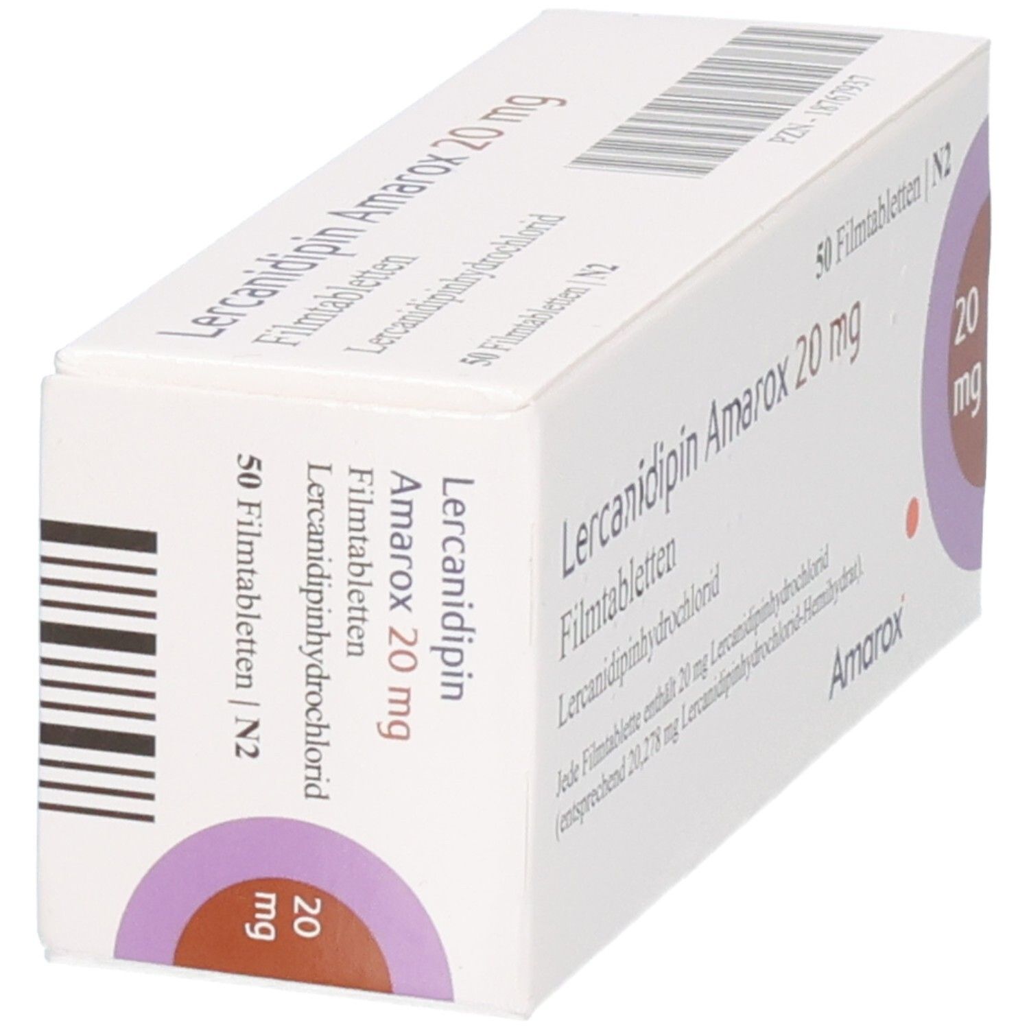 Lercanidipin Amarox 20 mg Filmtabletten Schachtel, schräg von vorne.