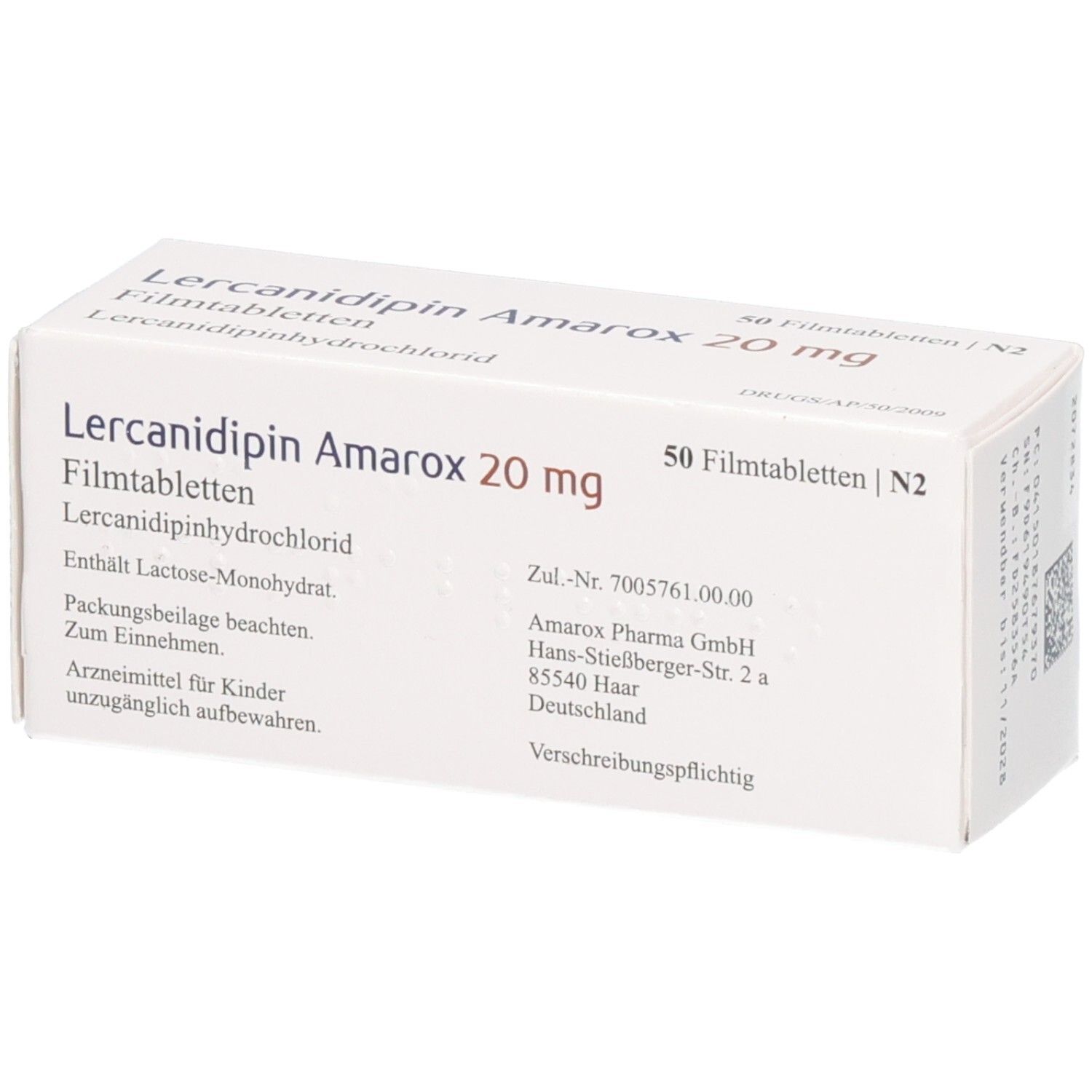 Lercanidipin Amarox 20 mg Filmtabletten Schachtel, Vorder- und Seitenansicht.