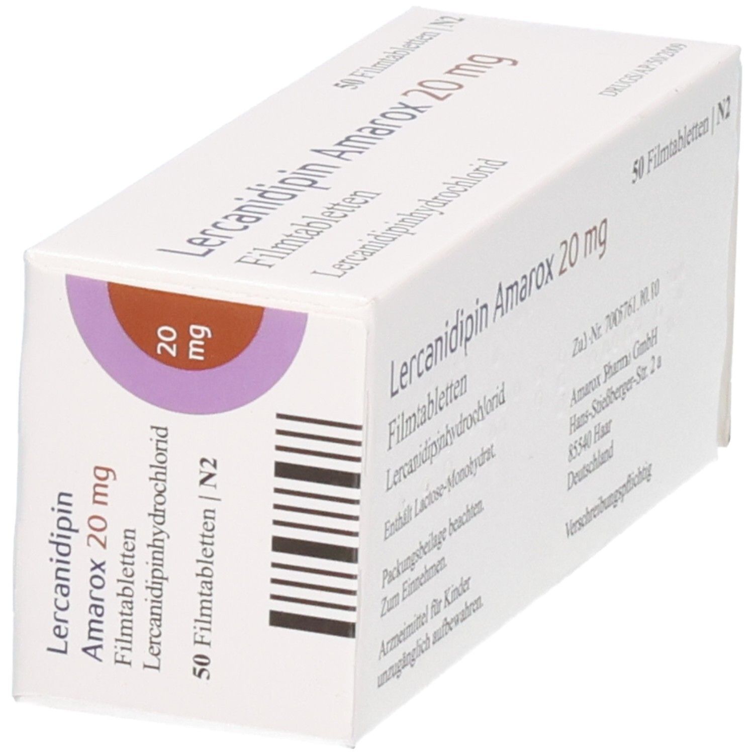 Lercanidipin Amarox 20 mg Filmtabletten Schachtel, Seiten- und Vorderansicht.