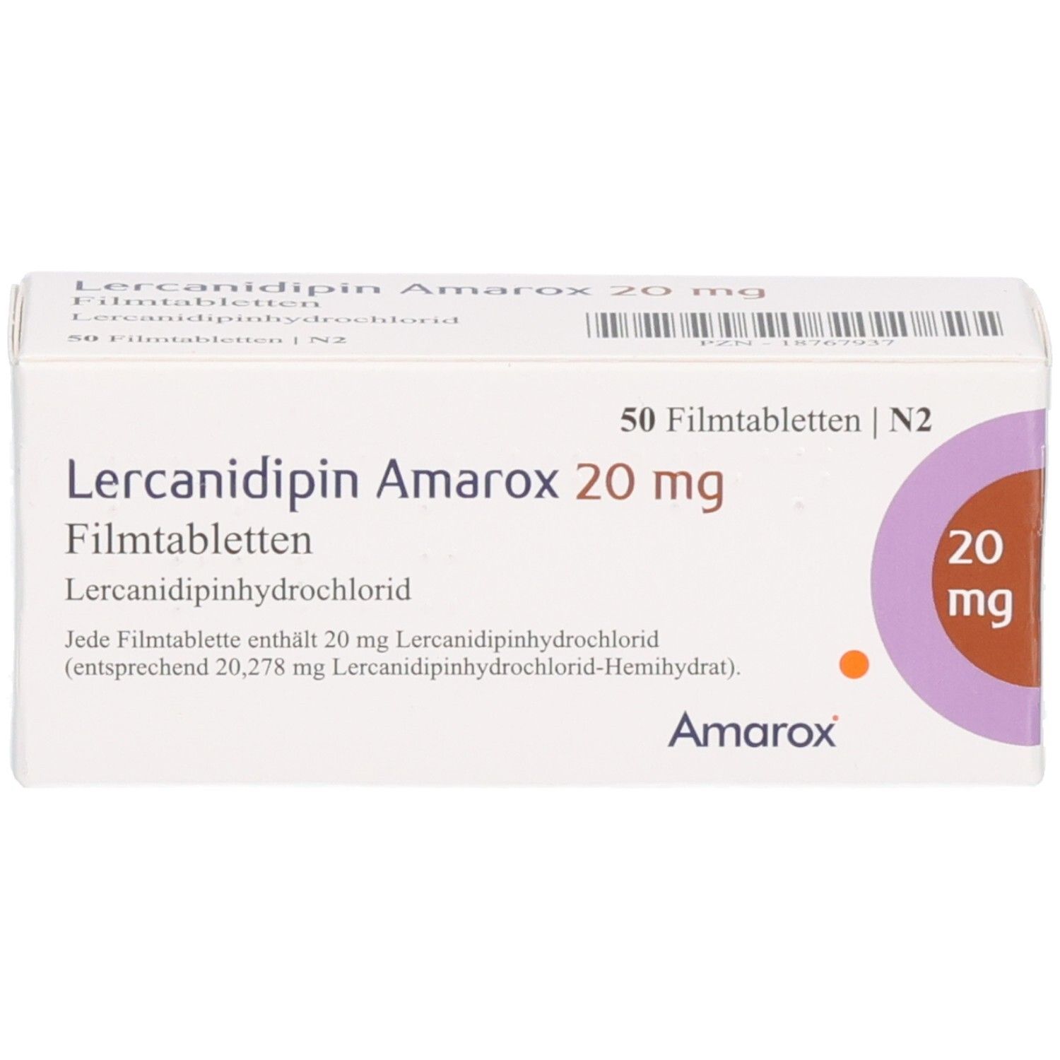 Lercanidipin Amarox 20 mg Filmtabletten Schachtel, Vorderansicht.
