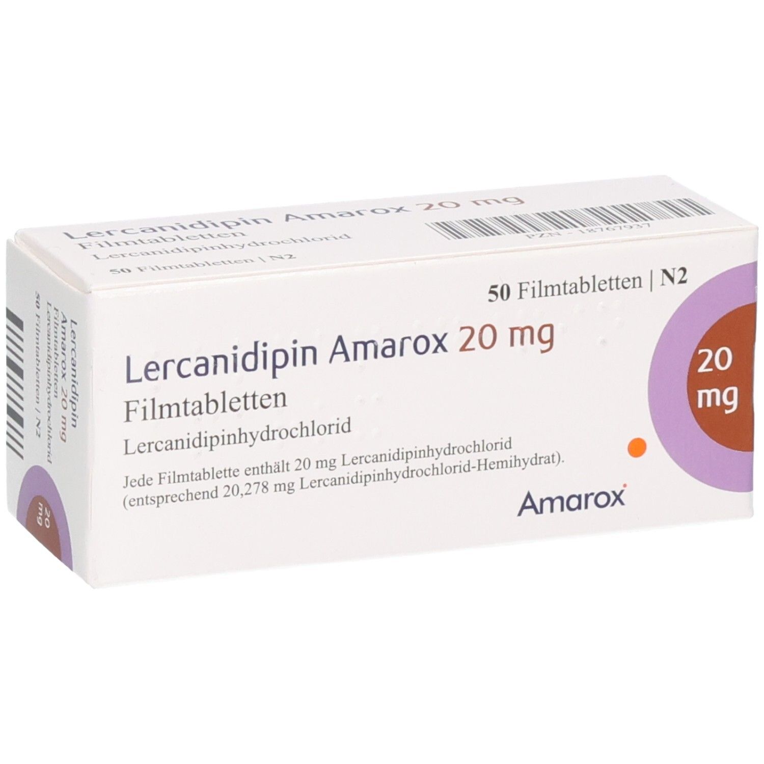 Lercanidipin Amarox 20 mg Filmtabletten Schachtel, Vorderansicht.