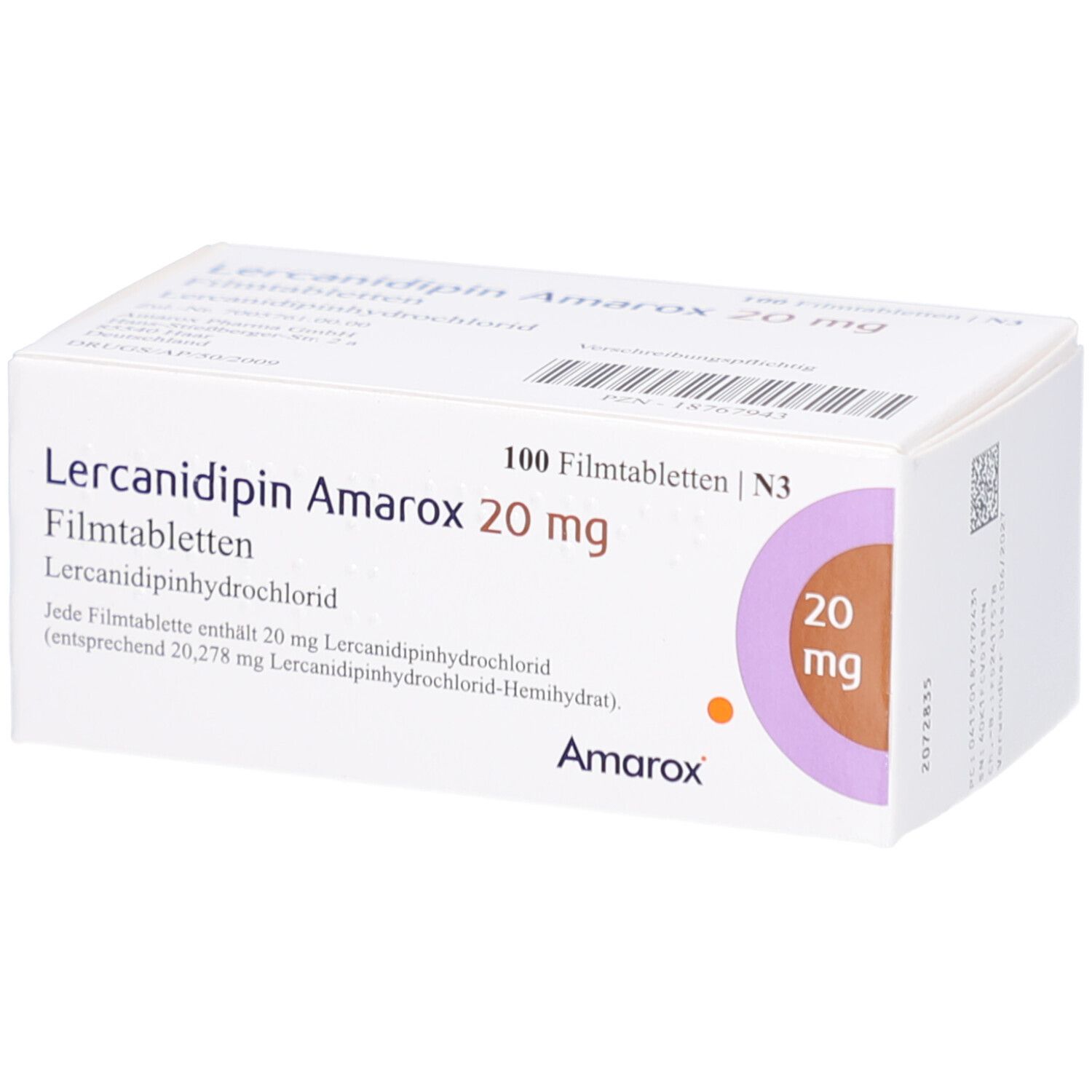 Schachtel mit Lercanidipin Amarox 20 mg Filmtabletten. Aufschrift: 100 Filmtabletten, 20 mg. Marke Amarox.