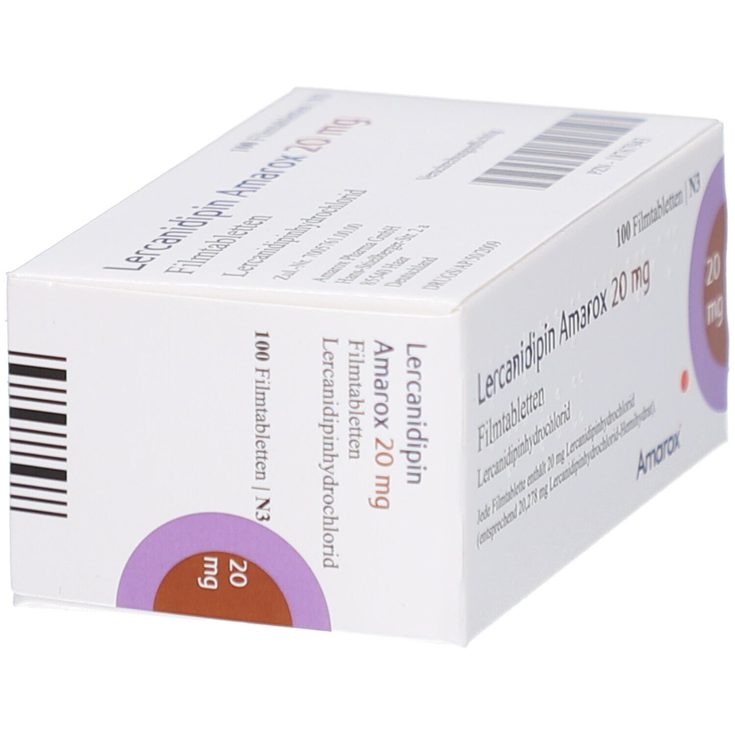 Schachtel mit Lercanidipin Amarox 20 mg Filmtabletten. Aufschrift: 100 Filmtabletten, 20 mg. Marke Amarox.