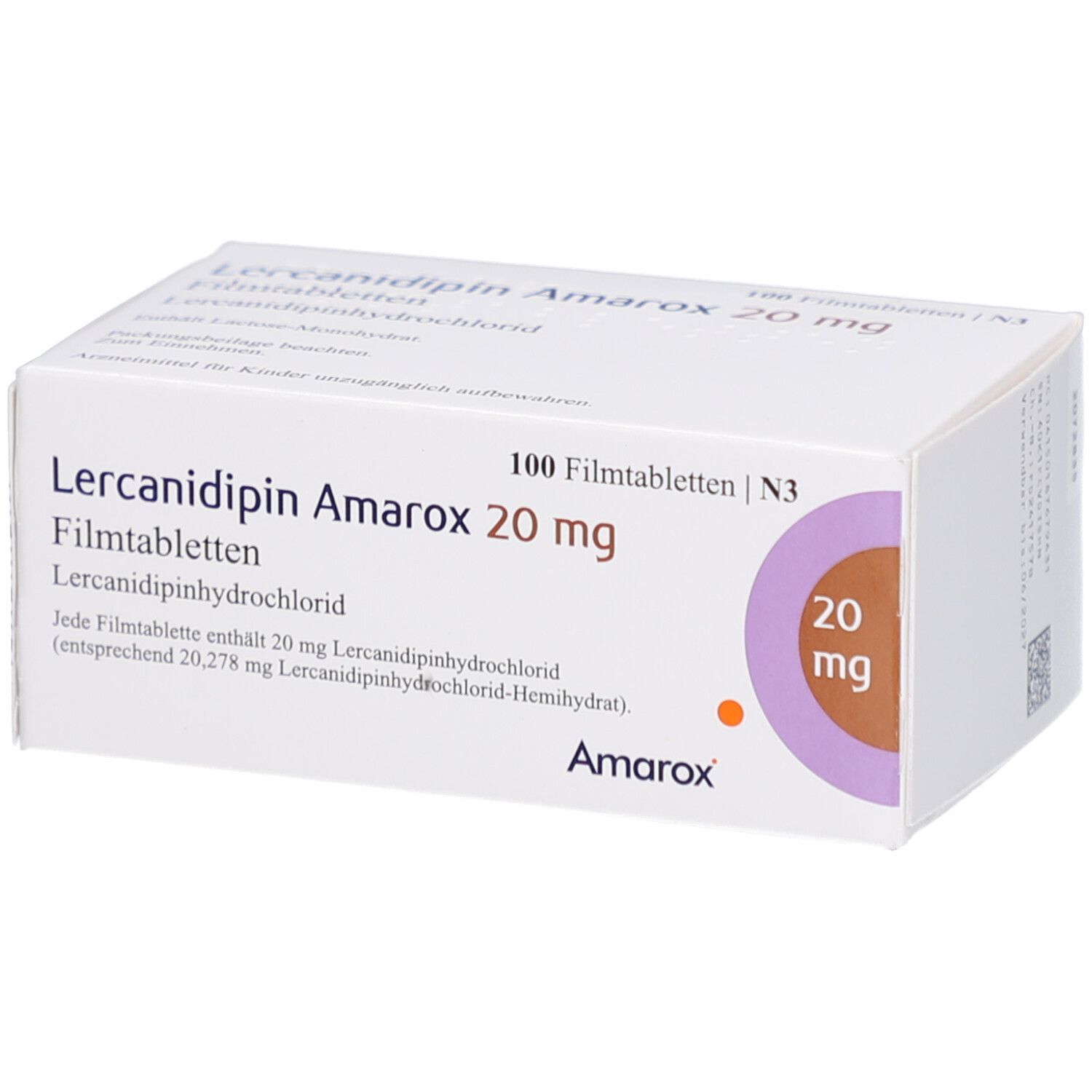 Schachtel mit Lercanidipin Amarox 20 mg Filmtabletten. Aufschrift: 100 Filmtabletten, 20 mg. Marke Amarox.