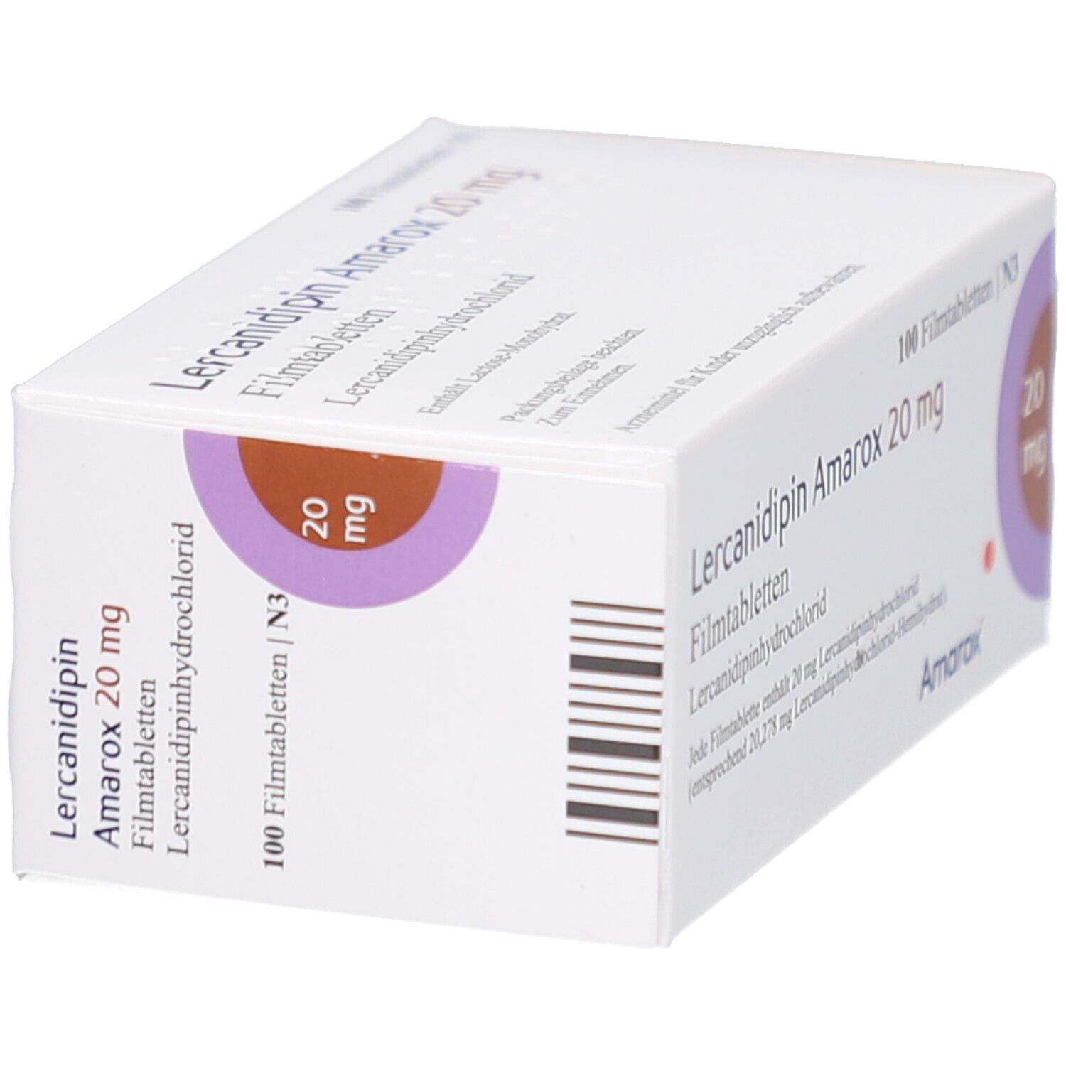 Schachtel mit Lercanidipin Amarox 20 mg Filmtabletten. Aufschrift: 100 Filmtabletten, 20 mg. Marke Amarox.