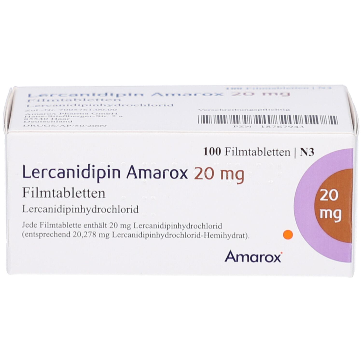 Schachtel mit Lercanidipin Amarox 20 mg Filmtabletten. Aufschrift: 100 Filmtabletten, 20 mg. Marke Amarox.