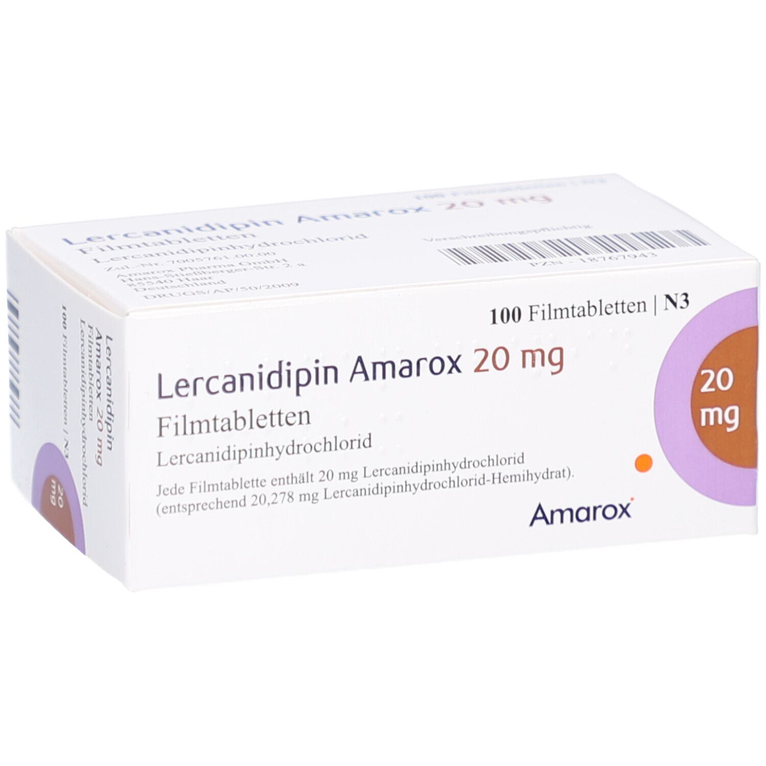 Schachtel mit Lercanidipin Amarox 20 mg Filmtabletten. Aufschrift: 100 Filmtabletten, 20 mg. Marke Amarox.