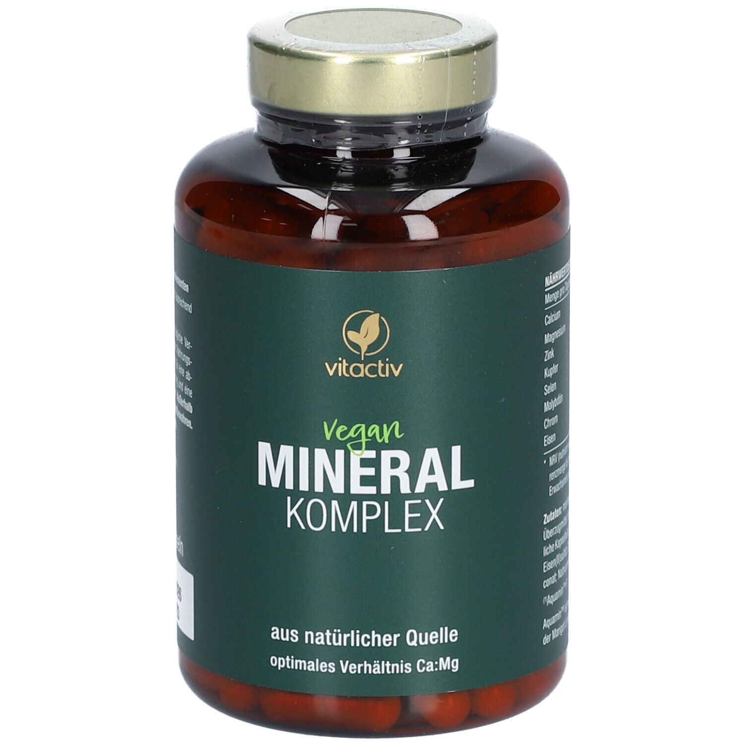 Braune Glasflasche mit goldfarbenem Deckel. Etikett mit "vitactiv Vegan Mineral Komplex".