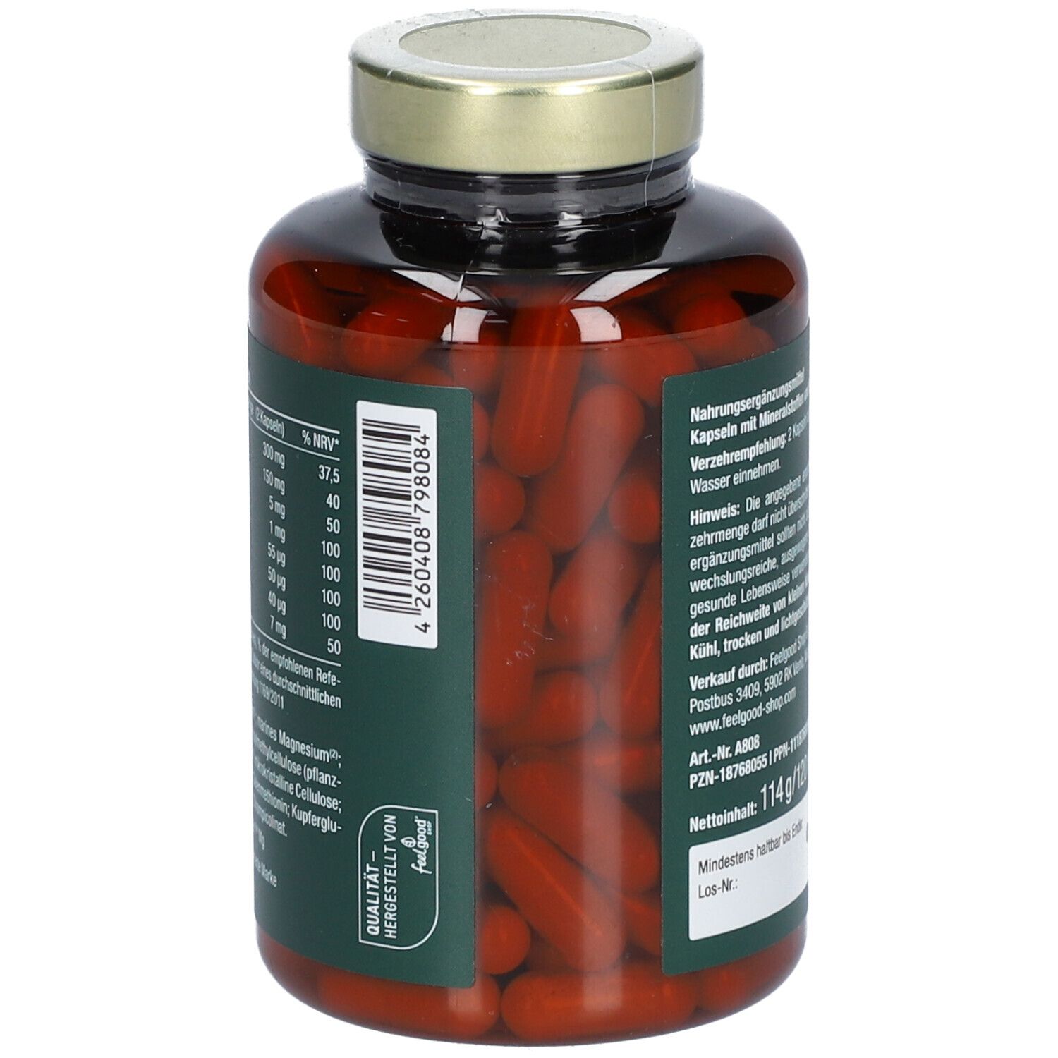 Rückseite der Flasche "vitactiv Vegan Mineral Komplex". Etikett mit Inhaltsstoffen und Nährwerten.