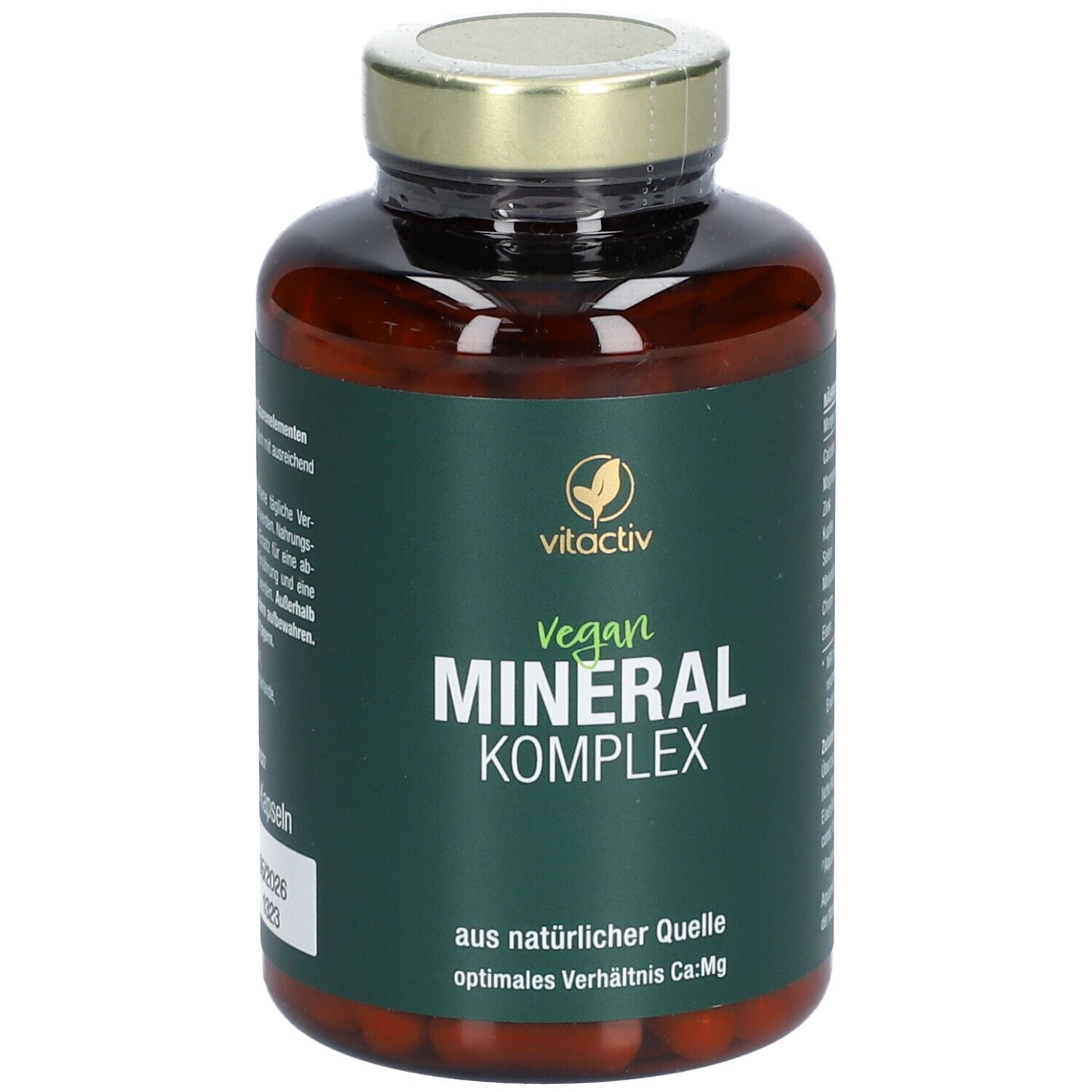 Braune Glasflasche mit goldfarbenem Deckel. Etikett mit "vitactiv Vegan Mineral Komplex".