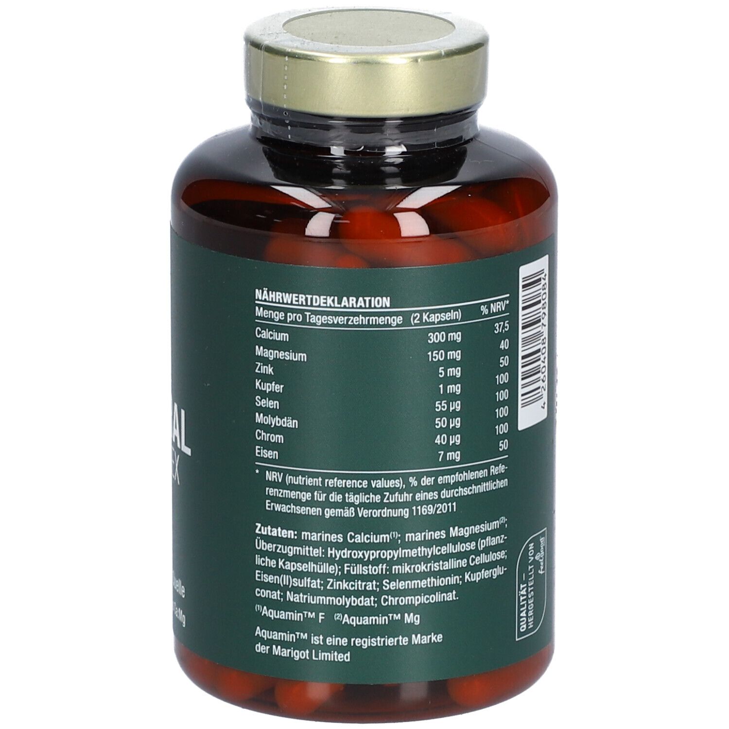 Rückseite der Flasche "vitactiv Vegan Mineral Komplex". Etikett mit Inhaltsstoffen und Nährwerten.