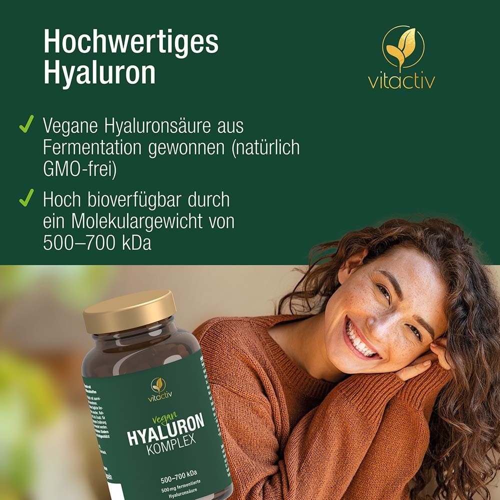 Frau lächelt. Text: Hochwertiges Hyaluron. Logo: Vitactiv.