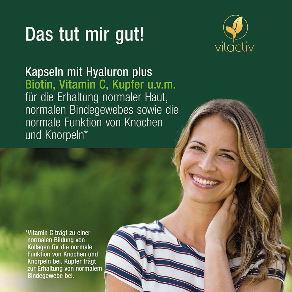 Frau lächelt. Text: Kapseln mit Hyaluron, Biotin, Vitamin C. Logo: Vitactiv.