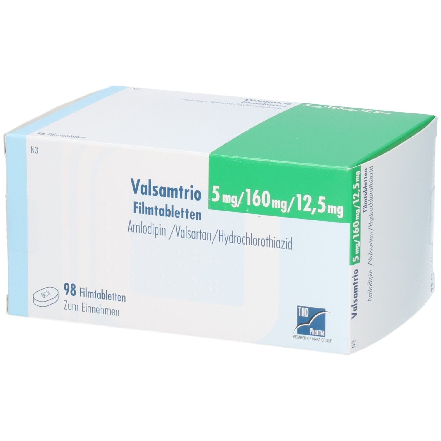 Schachtel mit VALSAMTRIO Filmtabletten. Aufschrift: 5 mg/160 mg/12,5 mg. Enthält 98 Tabletten. Grün-weiße Verpackung.