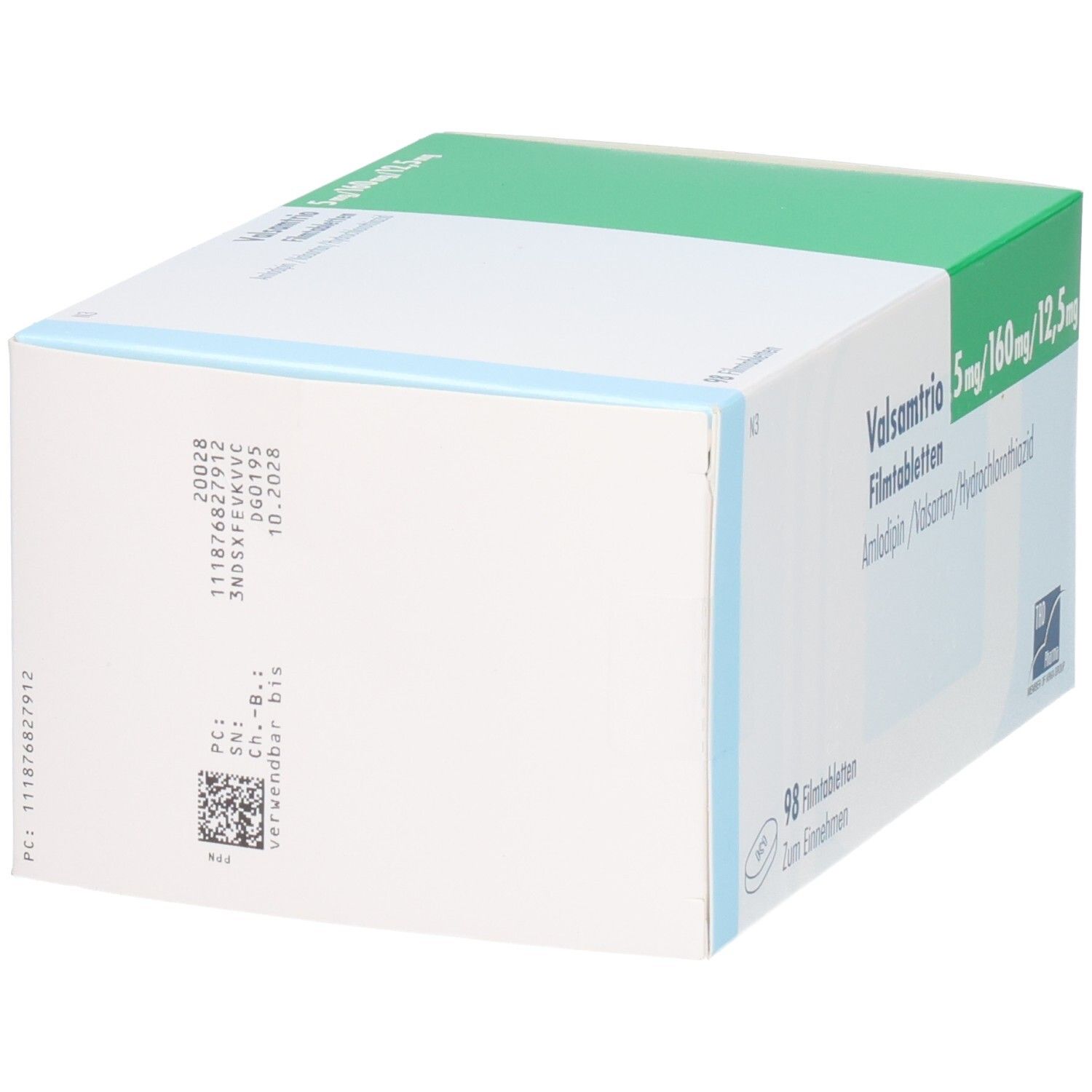 Seitenansicht der VALSAMTRIO-Verpackung. Aufschrift: 5 mg/160 mg/12,5 mg. Enthält 98 Tabletten. Grün-weiße Schachtel.