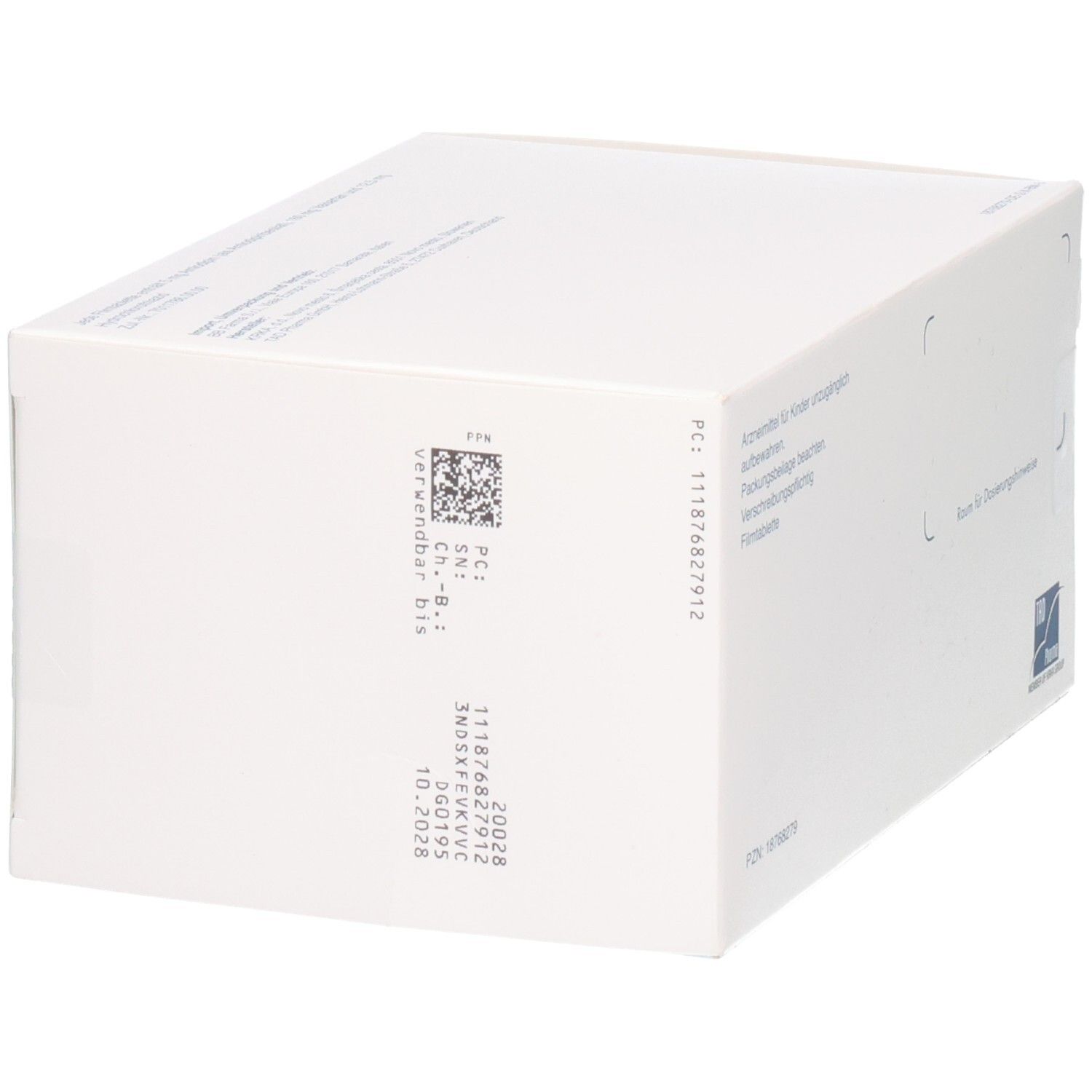Seitenansicht der VALSAMTRIO-Verpackung. Text: Verwendbar bis 10.2028. Weiße Schachtel mit blauer Ecke.