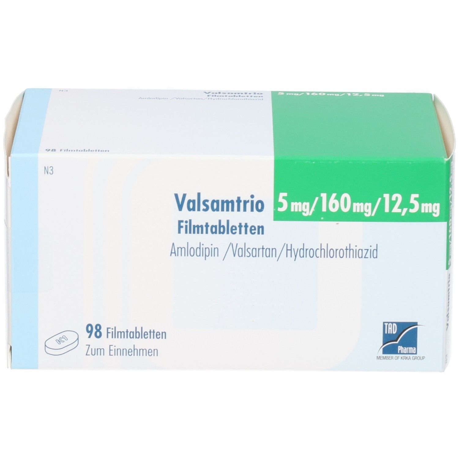 VALSAMTRIO-Verpackung. Aufschrift: 5 mg/160 mg/12,5 mg. Enthält 98 Filmtabletten. Grün-weiße Schachtel.