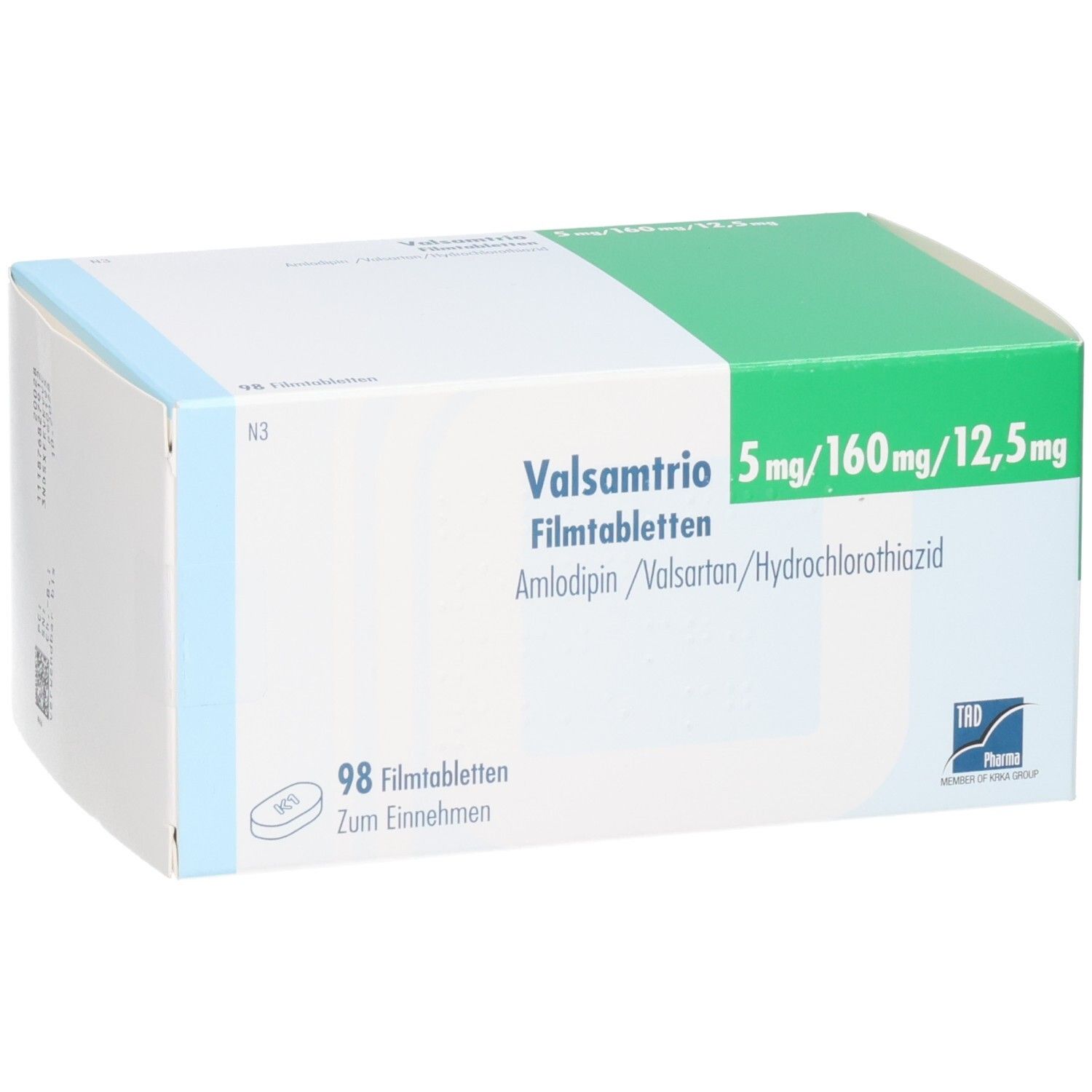 VALSAMTRIO-Verpackung. Aufschrift: 5 mg/160 mg/12,5 mg. Enthält 98 Filmtabletten. Grün-weiße Schachtel.
