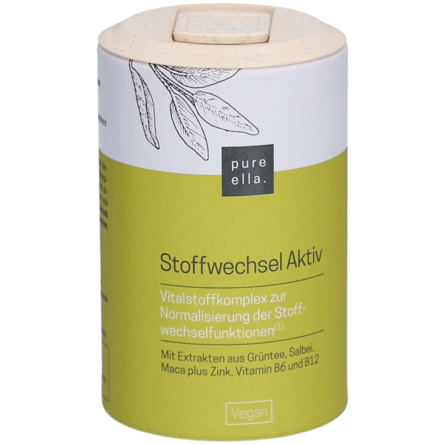 Zylindrische Dose mit gelbem Etikett. Aufschrift: pure ella. Stoffwechsel Aktiv. Vegan-Siegel. Rückseite mit Text.