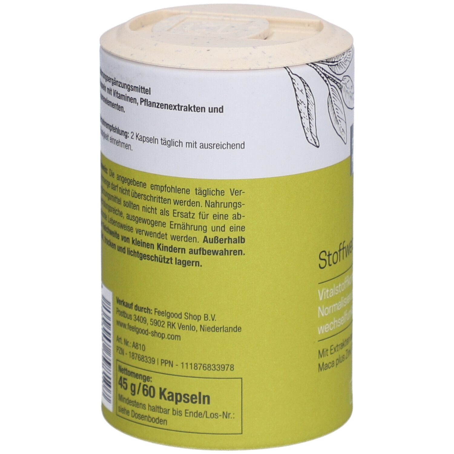 Zylindrische Dose mit gelbem Etikett. Aufschrift: pure ella. Stoffwechsel Aktiv. Vegan-Siegel. Rückseite mit Text.