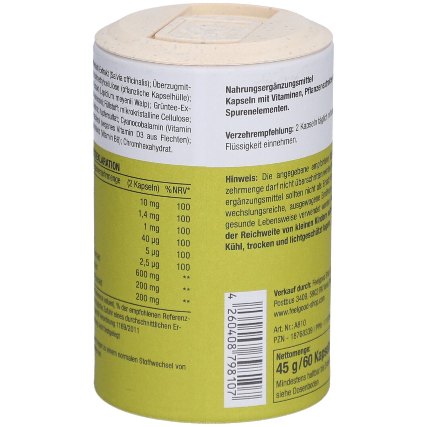 Zylindrische Dose mit gelbem Etikett. Aufschrift: pure ella. Stoffwechsel Aktiv. Vegan-Siegel. Rückseite mit Text.