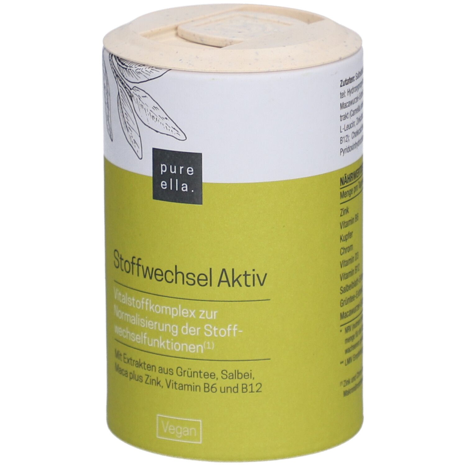 Zylindrische Dose mit gelbem Etikett. Aufschrift: pure ella. Stoffwechsel Aktiv. Vegan-Siegel. Rückseite mit Text.