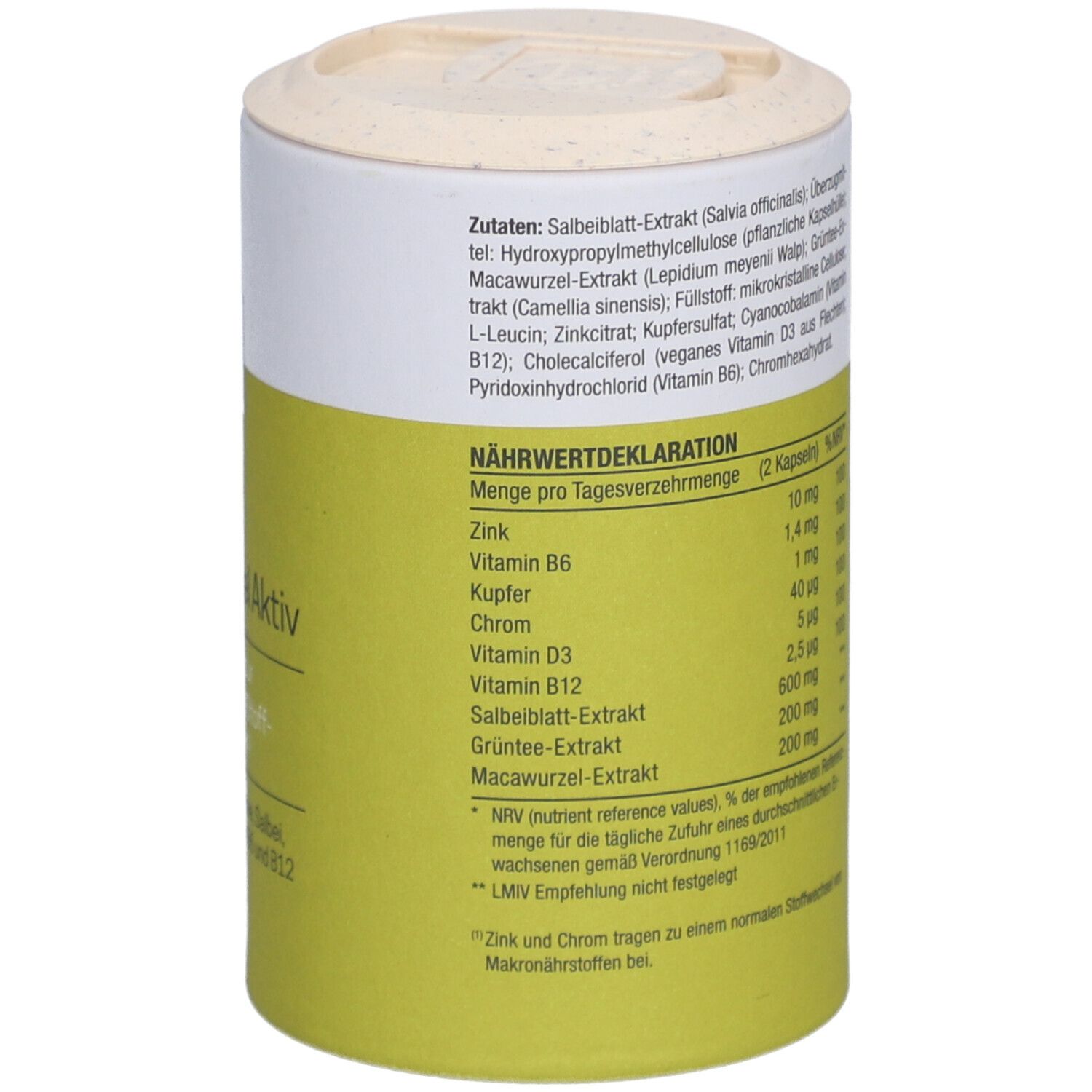 Zylindrische Dose mit gelbem Etikett. Aufschrift: pure ella. Stoffwechsel Aktiv. Vegan-Siegel. Rückseite mit Text.