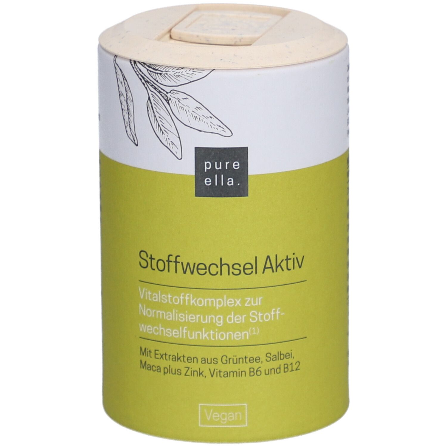 Zylindrische Dose mit gelbem Etikett. Aufschrift: pure ella. Stoffwechsel Aktiv. Vegan-Siegel.