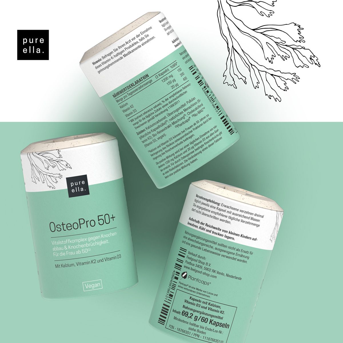 Drei Dosen OsteoPro 50+. Text: Inhaltsstoffe, Dosierung, Vegan. Mit Kalzium, Vitamin K2 und D3. 69,2 g/60 Kapseln.